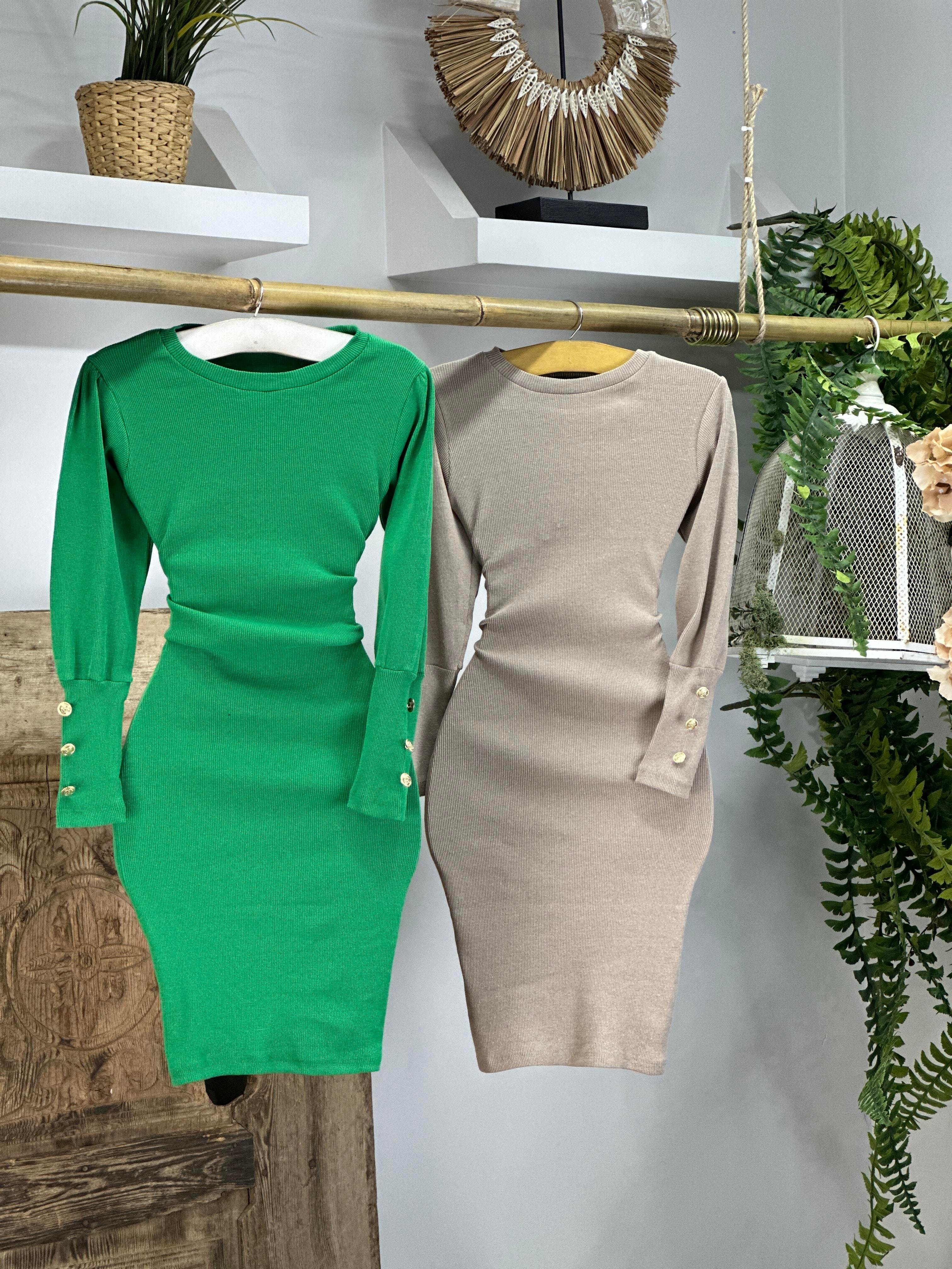 İthal Kaşkorse Kumaş Balon Kol Düğme Detaylı Bej Kalem Elbisemiz