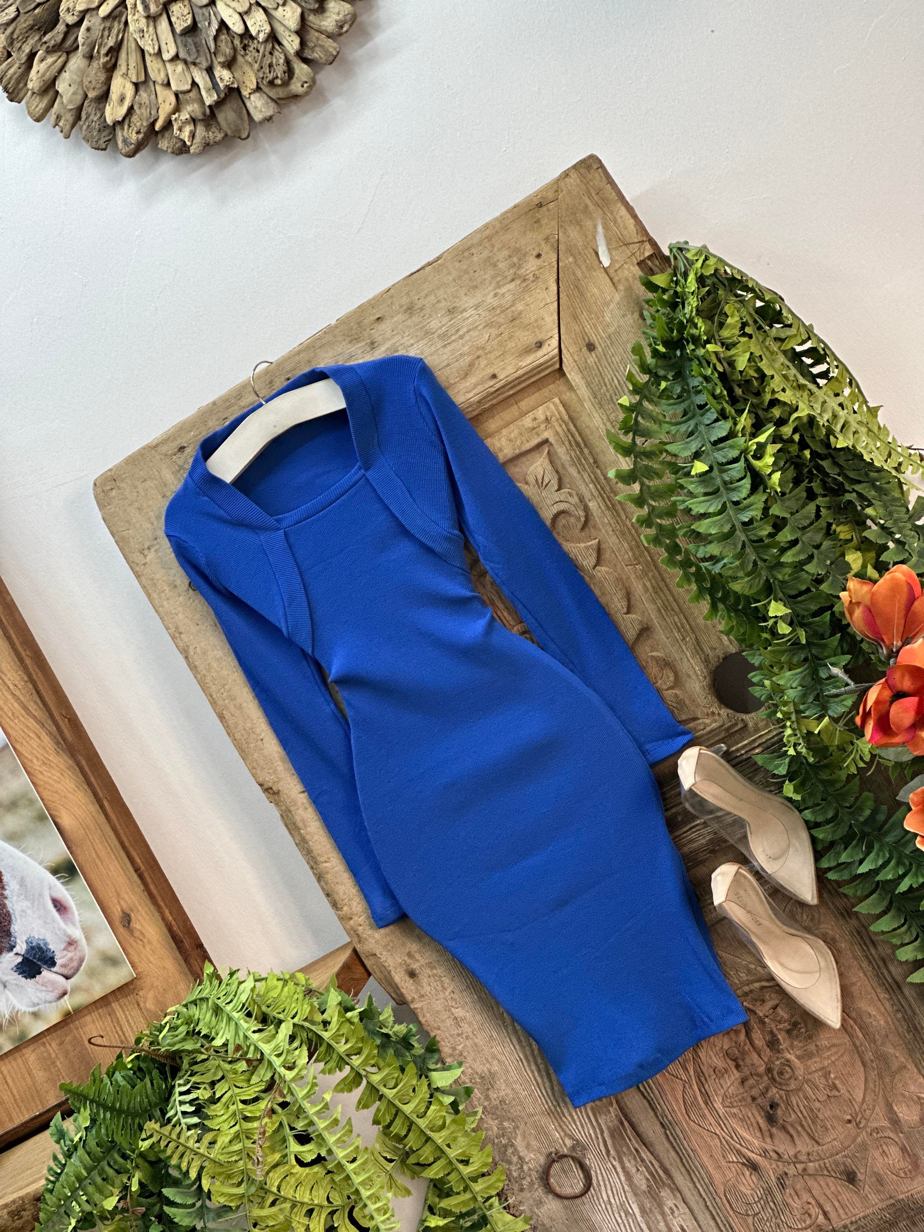 İthal Kaşkorse Kumaş Bluz Detaylı Saks  Kalem Elbisemiz