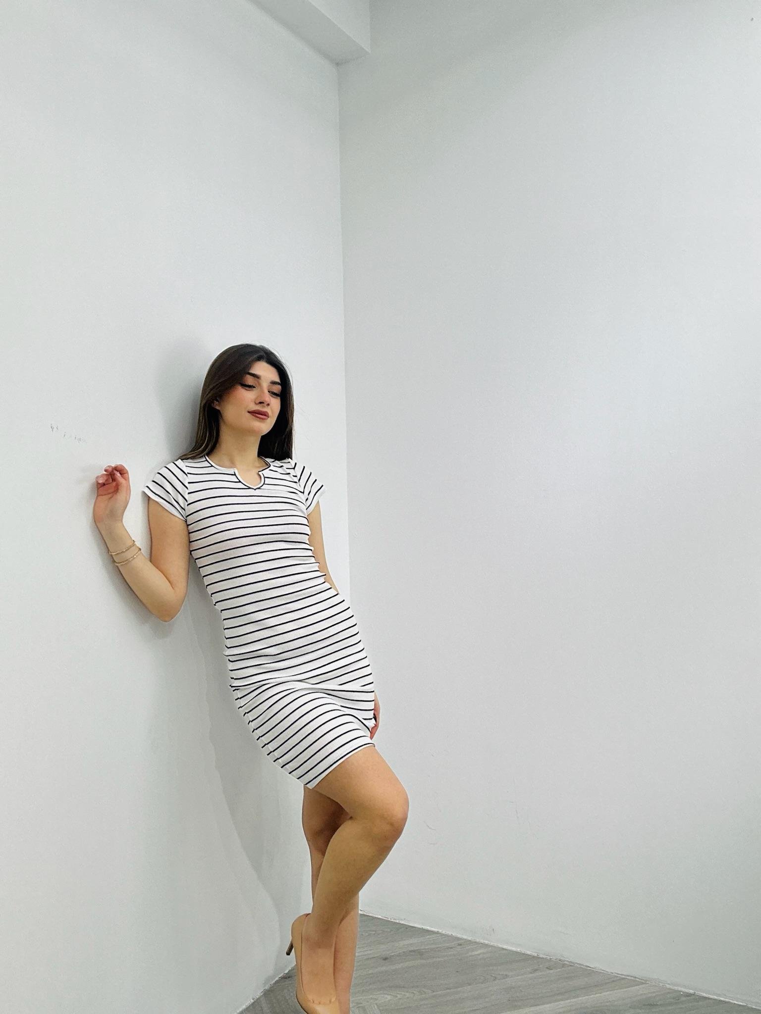 İthal Kaşkorse Kumaş Çizgi Desen Kalem Elbise