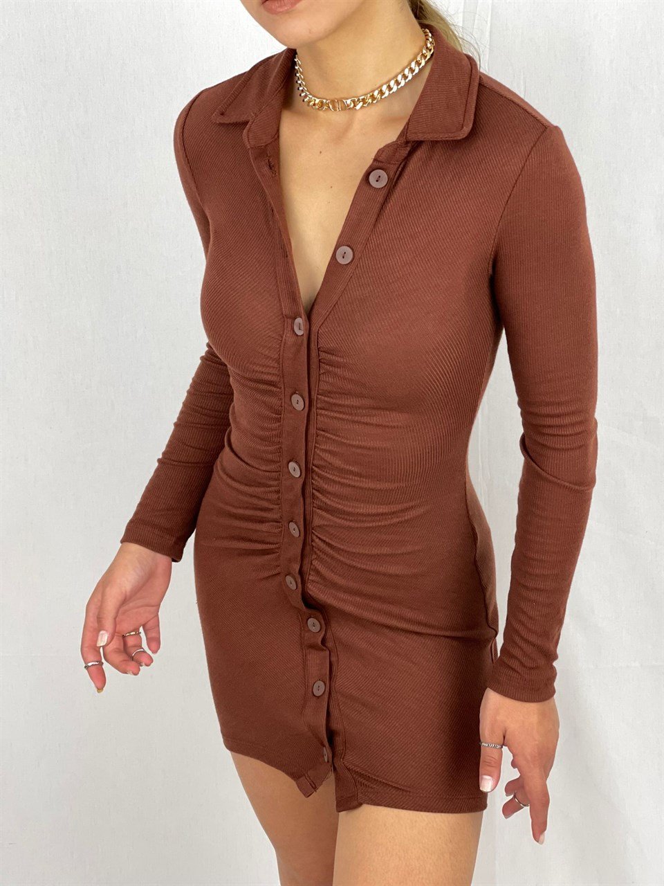 İthal Kaşkorse Kumaş Drape Dikişli Gömlek Elbise