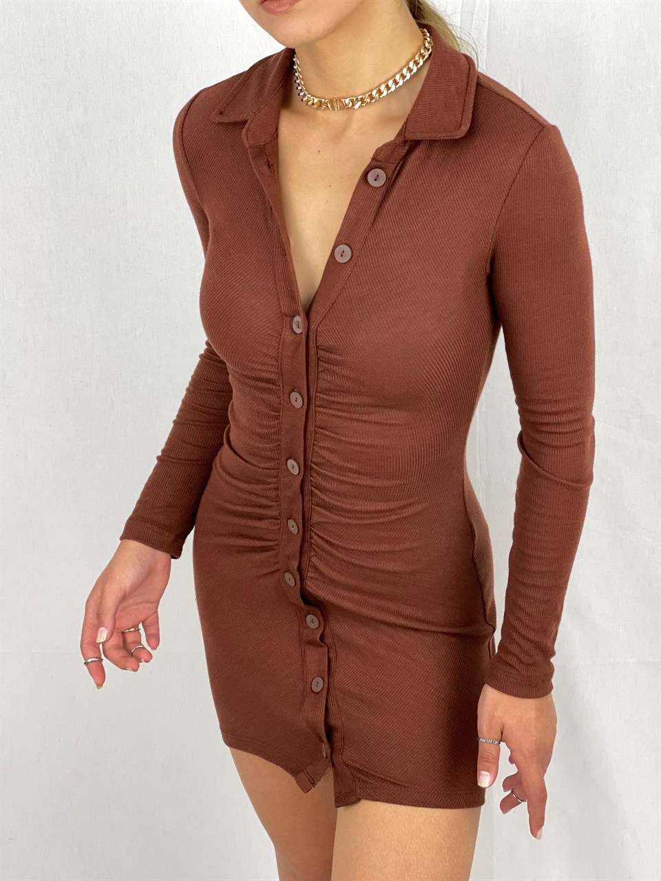 İthal Kaşkorse Kumaş Drape Dikişli Gömlek Elbise