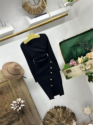 İthal Kaşkorse Kumaş Eteği Gold Düğme Detaylı Uzun Kollu Kalem Elbisemiz Siyah