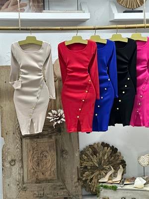 İthal Kaşkorse Kumaş Eteği Gold Düğme Detaylı Uzun Kollu Kalem Elbisemiz 