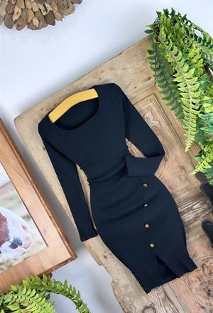 İthal Kaşkorse Kumaş Eteği Gold Düğme Detaylı Uzun Kollu Kalem Elbisemiz Siyah
