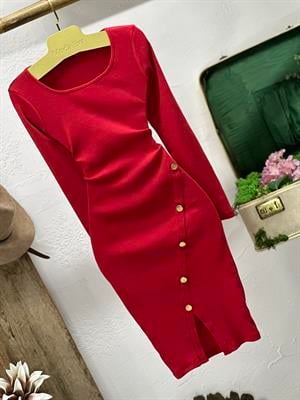 İthal Kaşkorse Kumaş Eteği Gold Düğme Detaylı Uzun Kollu Kalem Elbisemiz 