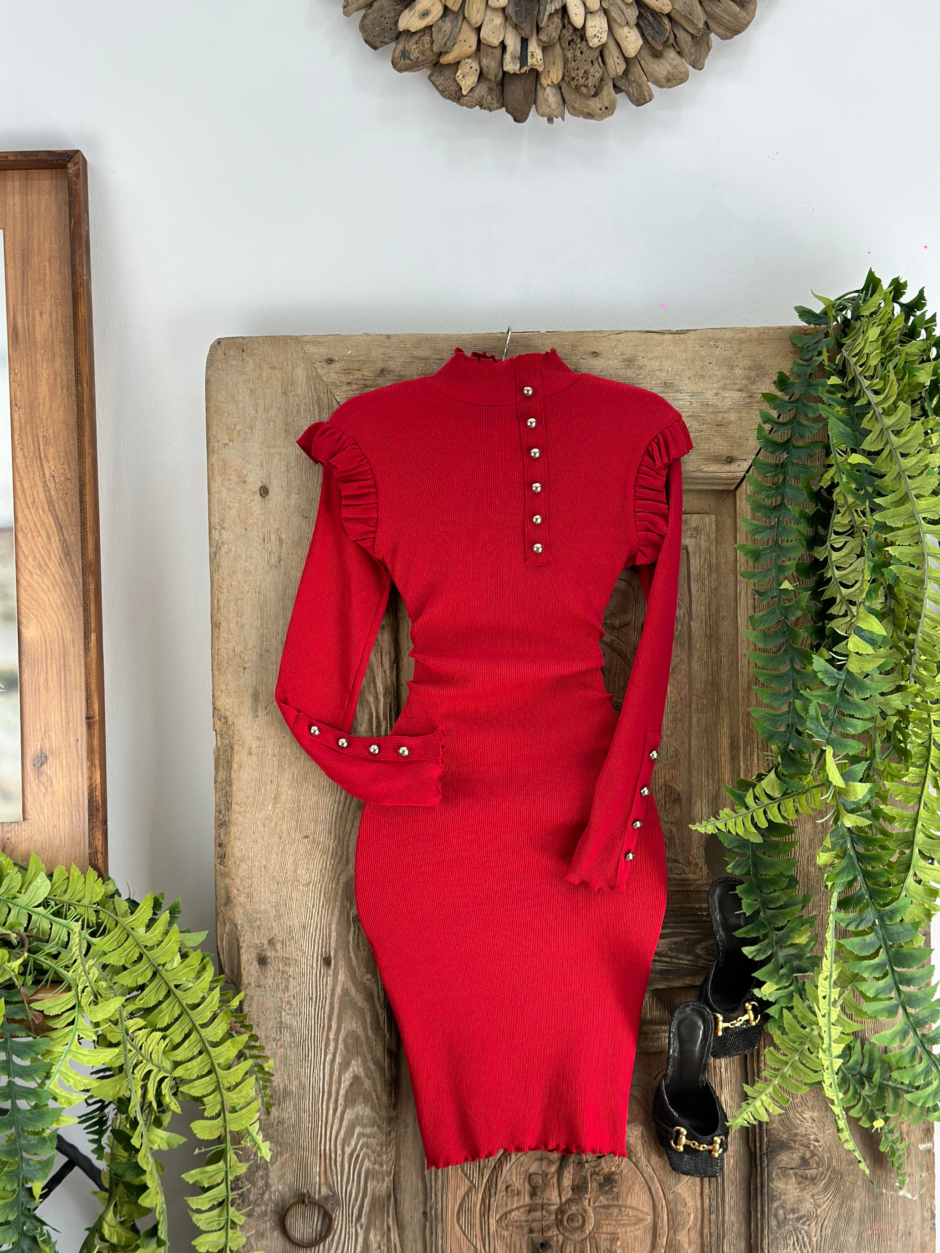 İthal Kaşkorse Kumaş Fırfır Detaylı Gümüş Düğme Detaylı Kırmızı Kalem Elbisemiz 