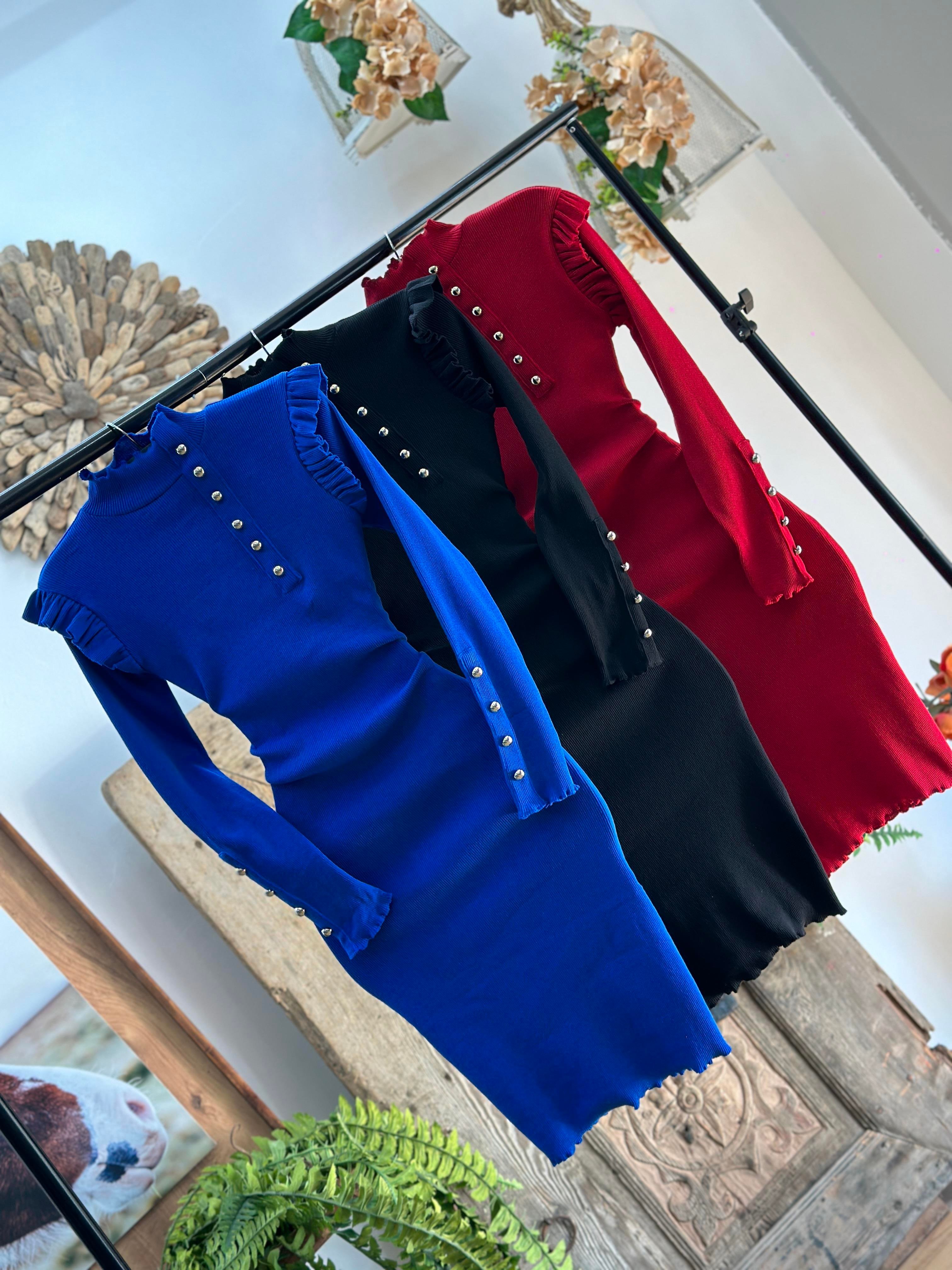 İthal Kaşkorse Kumaş Fırfır Detaylı Gümüş Düğme Detaylı Kırmızı Kalem Elbisemiz 