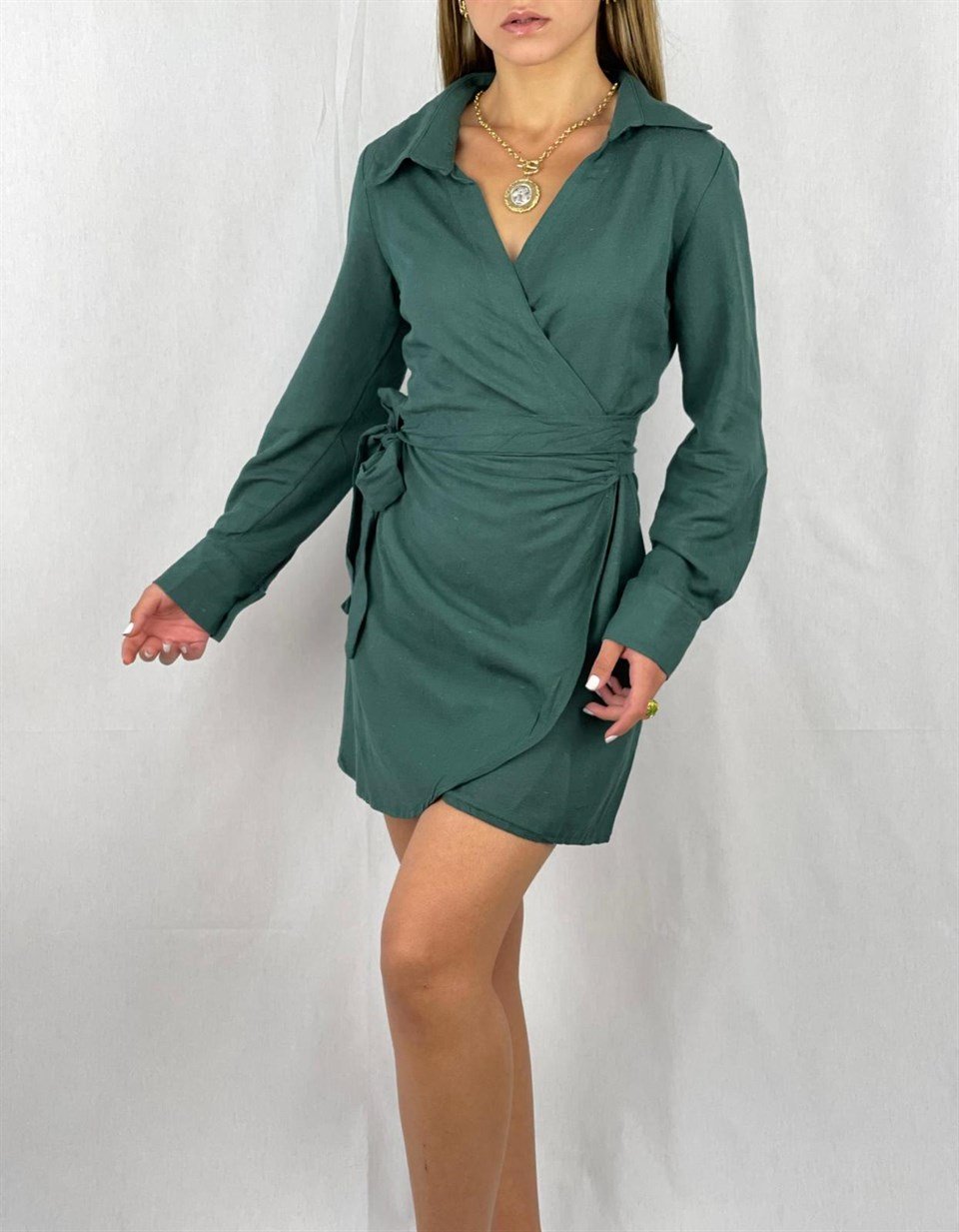 İthal Keten Kumaş Anvelop Model Gömlek Elbise - Haki