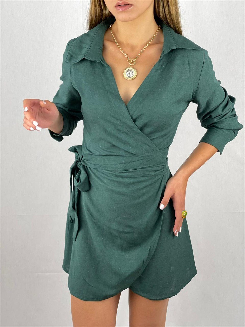 İthal Keten Kumaş Anvelop Model Gömlek Elbise - Haki