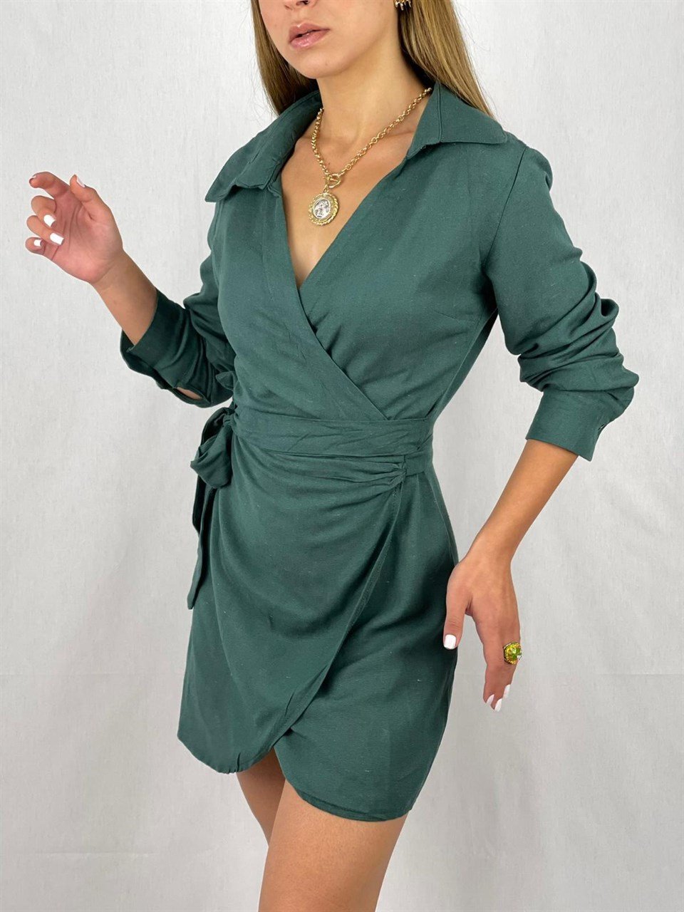 İthal Keten Kumaş Anvelop Model Gömlek Elbise - Haki