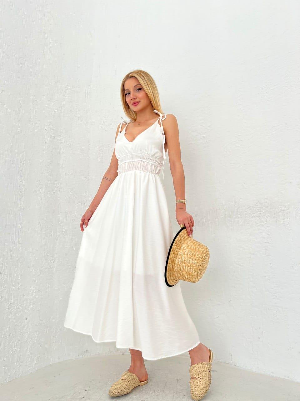 İthal Keten Kumaş Astarlı Beli Gipeli Askılar Bağlamalı Uzun Elbise