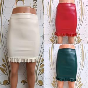 İthal Likralı Deri Fırfır Detaylı Yeşil Etek