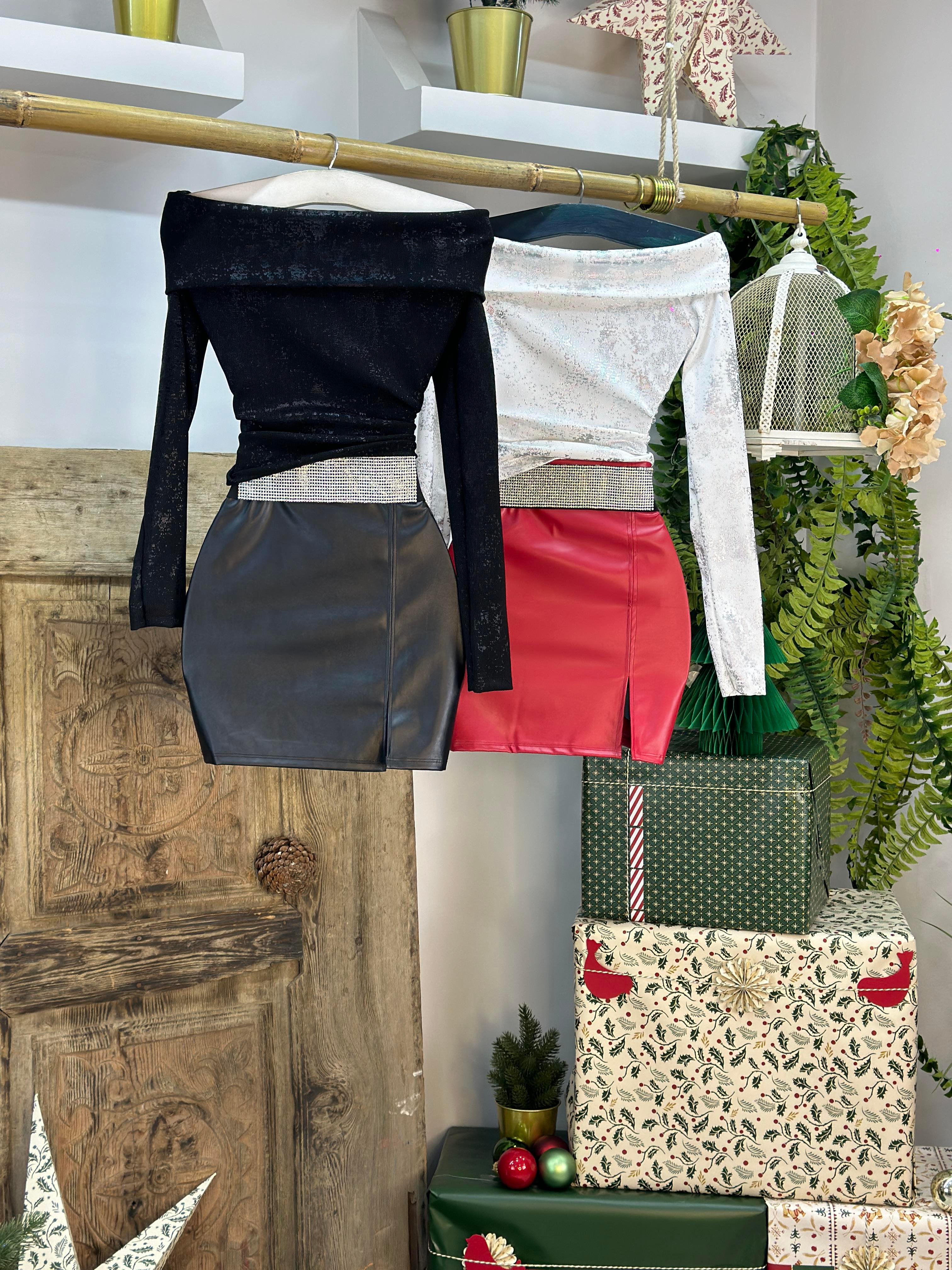 İthal Likralı Deri Yırtmaç Detaylı Mini Kırmızı  Etek