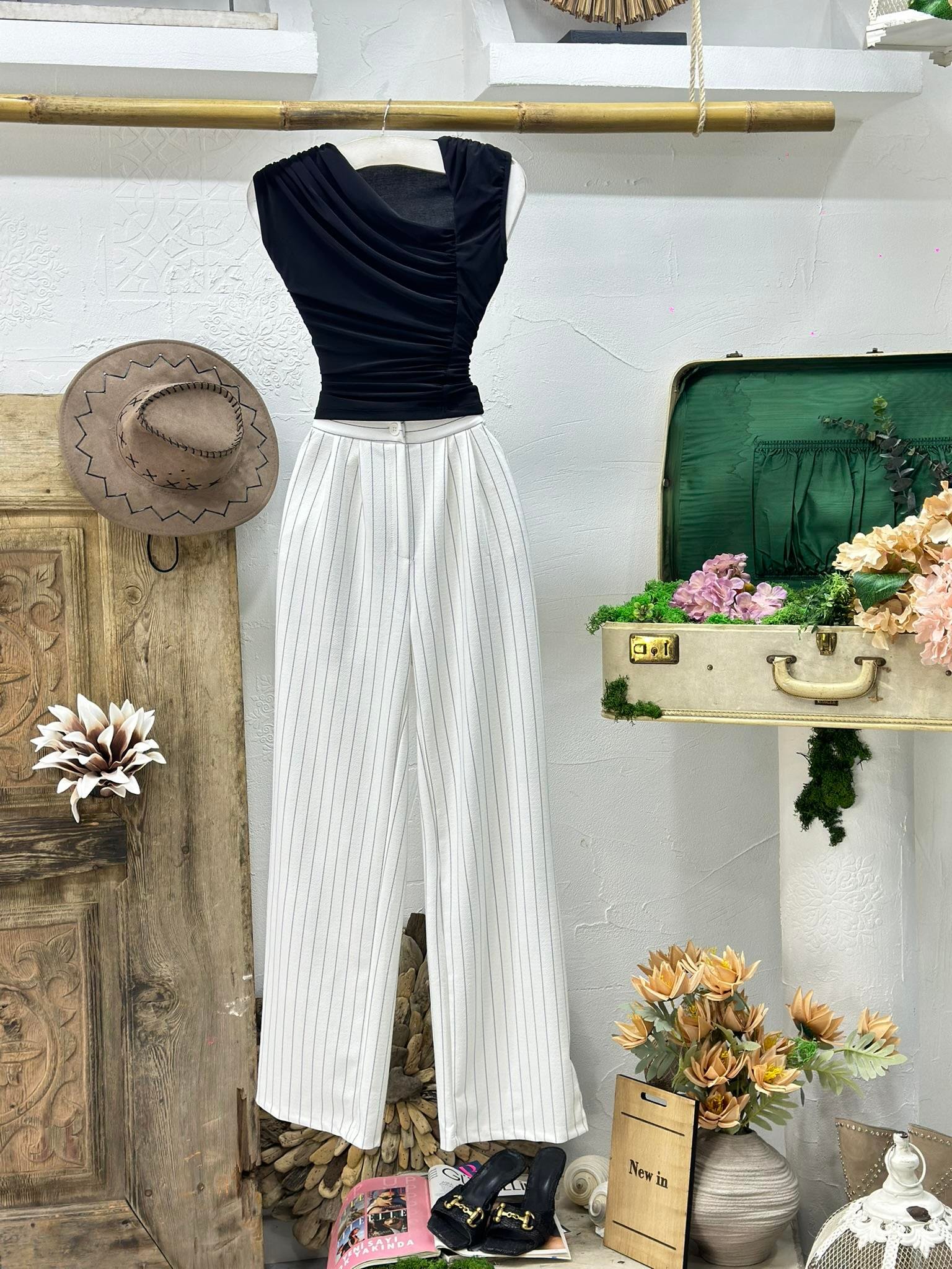 İthal Örme Crep Kumaş Çizgi Desen Palazzo Pantolon