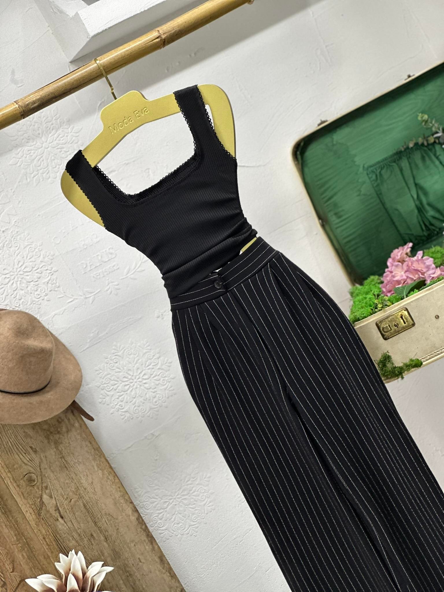 İthal Örme Crep Kumaş Çizgi Desen Palazzo Pantolon