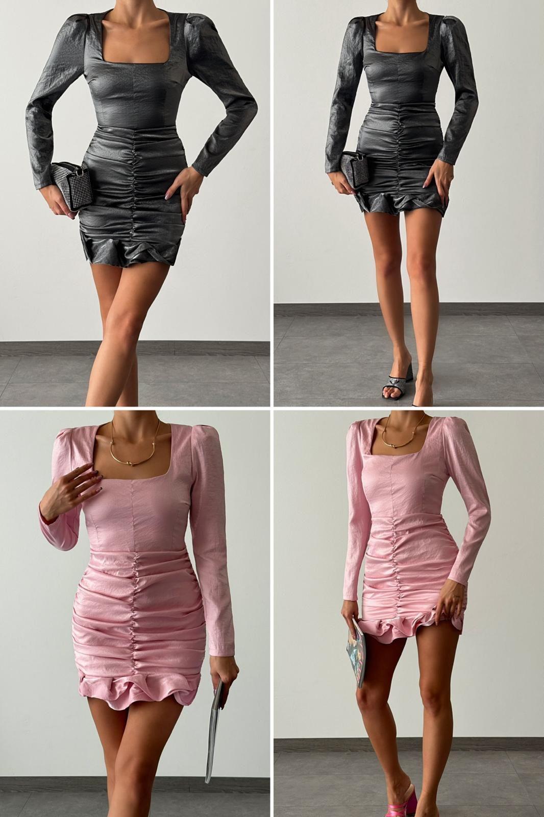 İthal Parlak Tafta Kumaş Kare Yaka Drapeli Tasarım Elbise