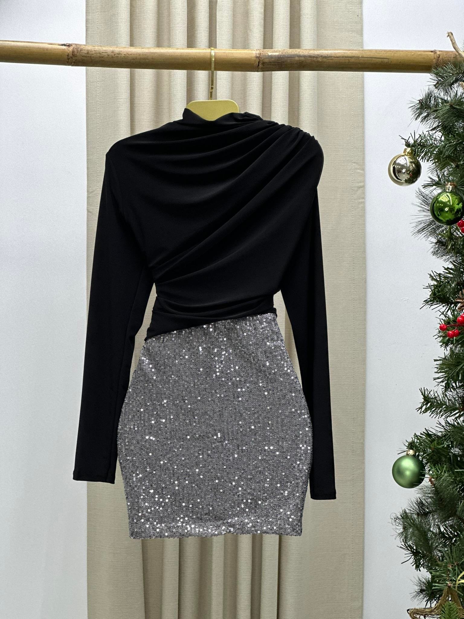 İthal Payet Kumaş Tasarım Mini Etek Gümüş