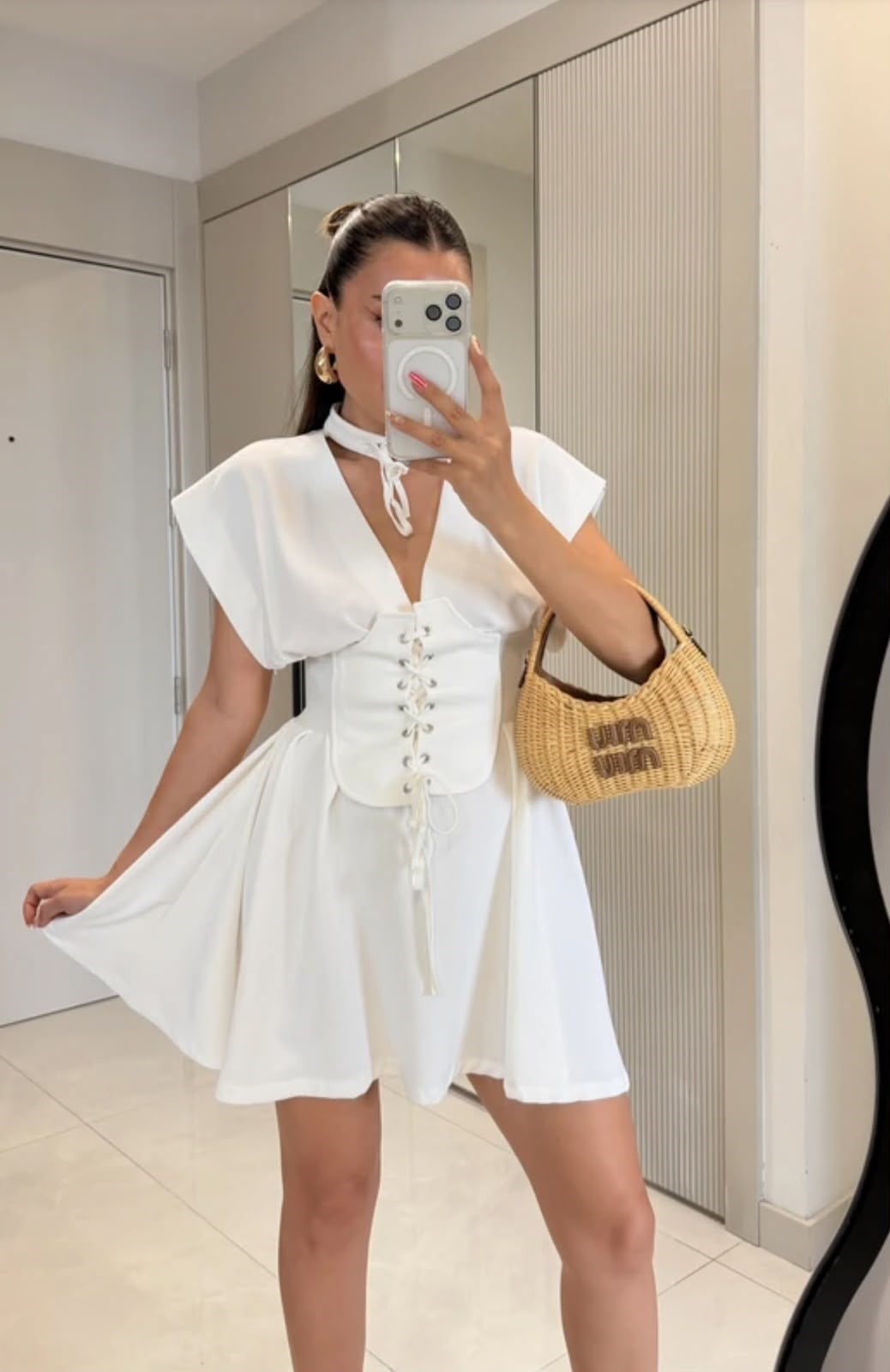 İthal Poplin Kumaş Korseli Tasarım Elbise Beyaz