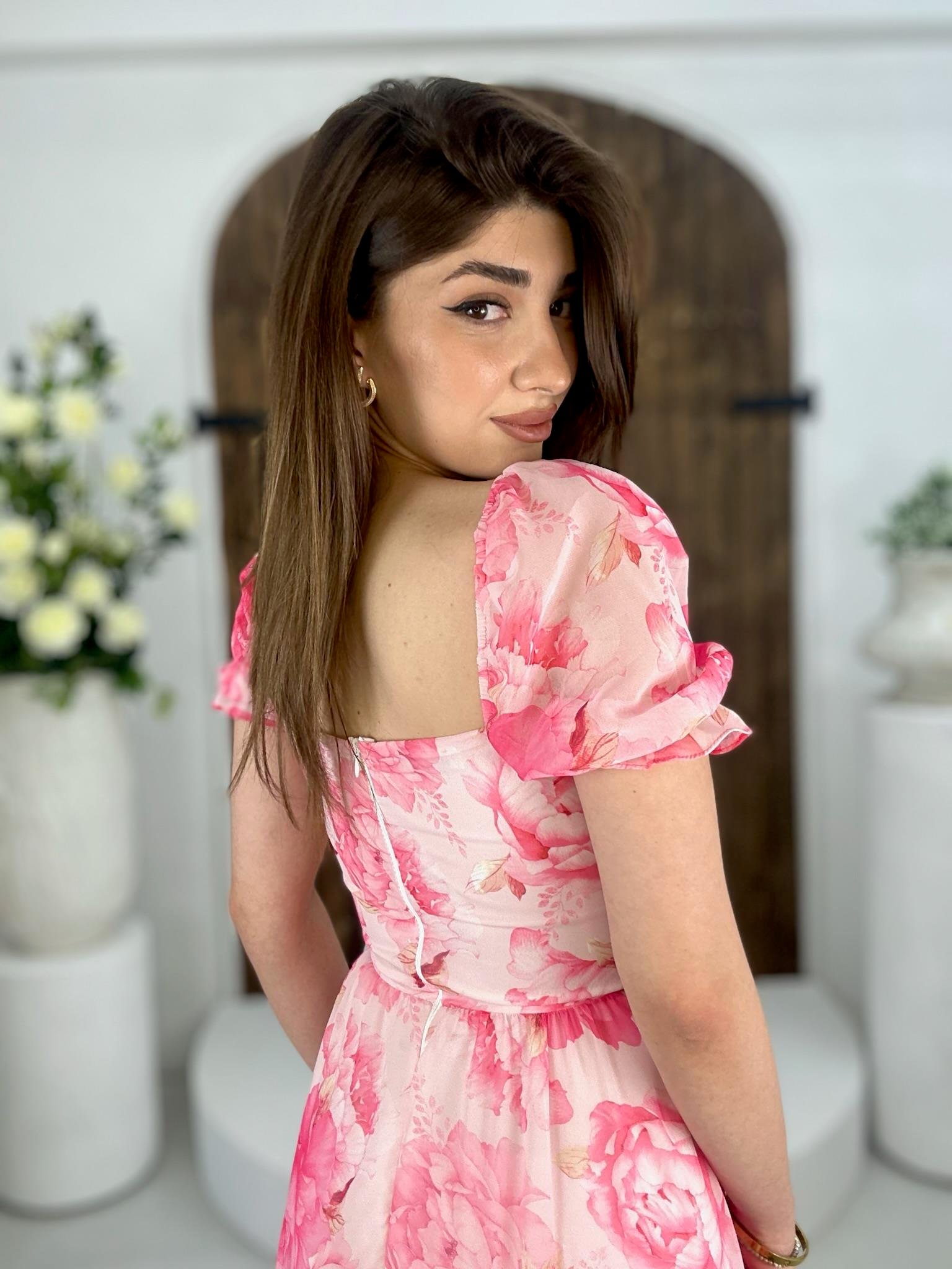 İthal Şifon Kumaş Kaplama Kemerli Çiçek Desen Elbise