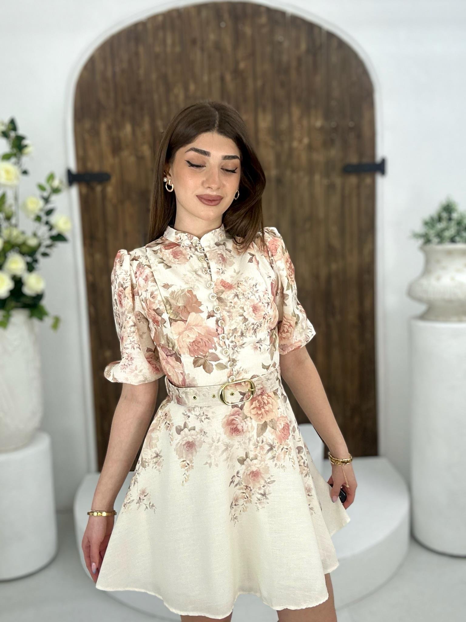 İthal Şifon Kumaş Kaplama Kemerli Çiçek Desen Elbise