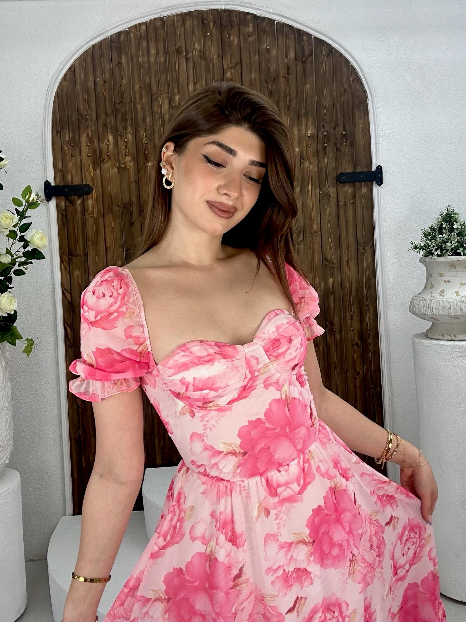 İthal Şifon Kumaş Kaplama Kemerli Çiçek Desen Elbise