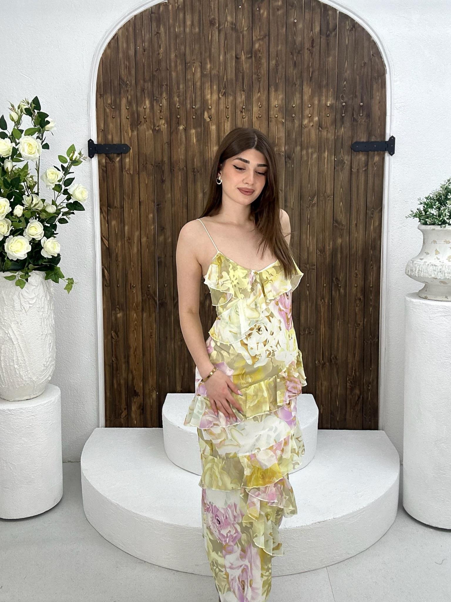 İthal Şifon Kumaş Volanlı Midi Boy Çiçek Desen Elbise Sarı