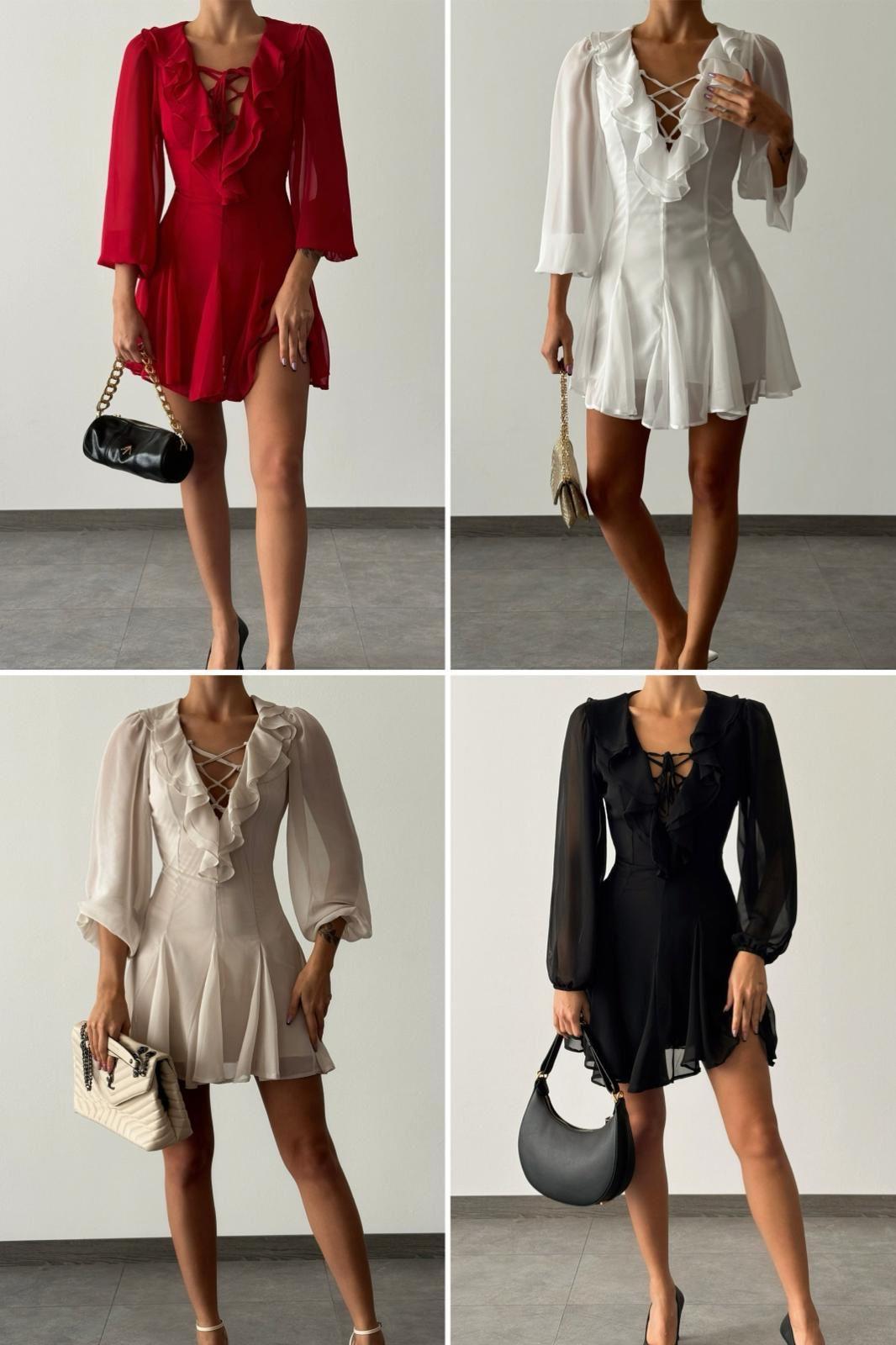 İthal Şifon Kumaş Yaka Volanlı Kloş Tasarım Elbise