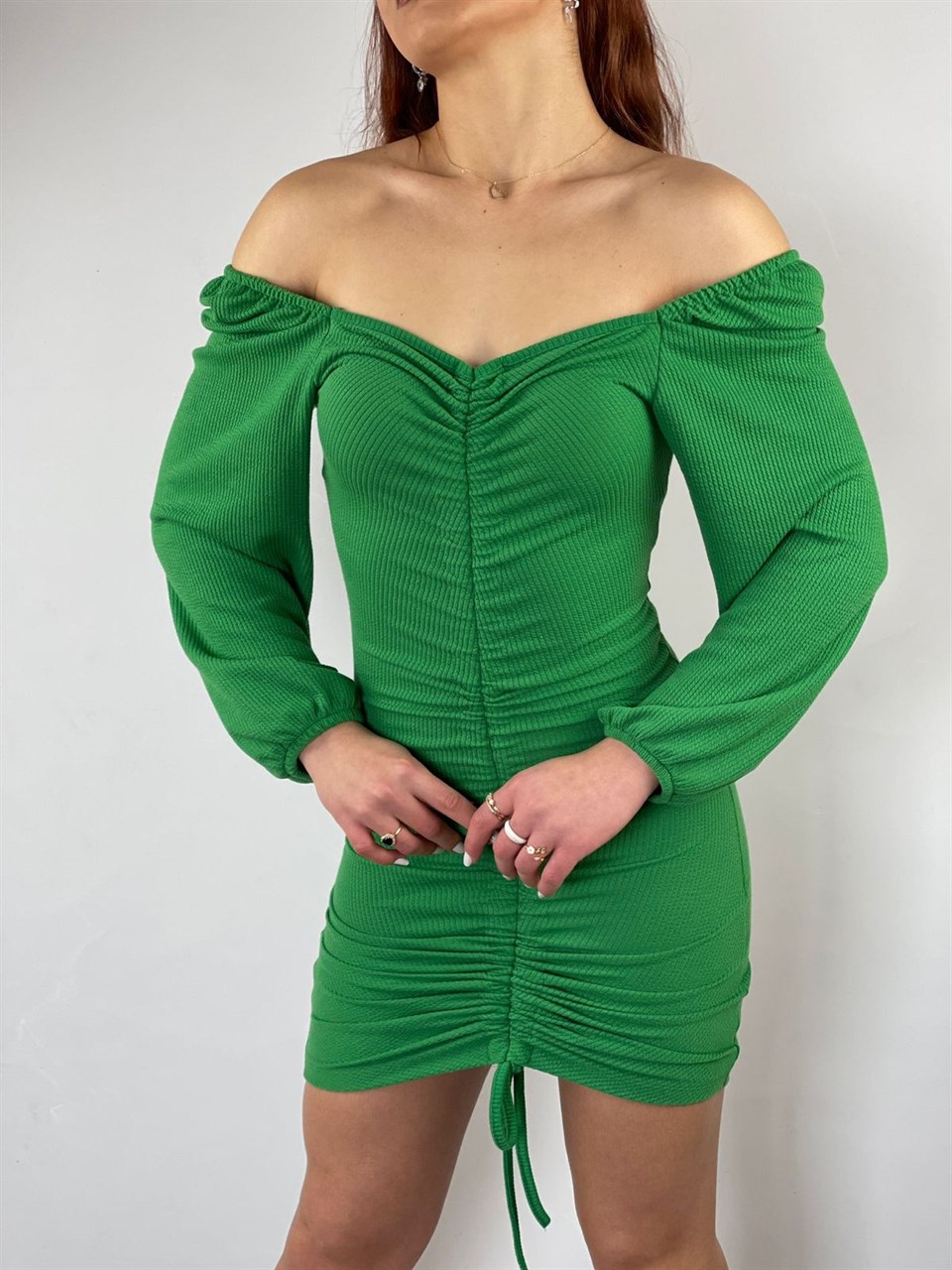 Jakarlı Kumaş Boy Ayarlanabilir Asansör Büzgülü Elbise