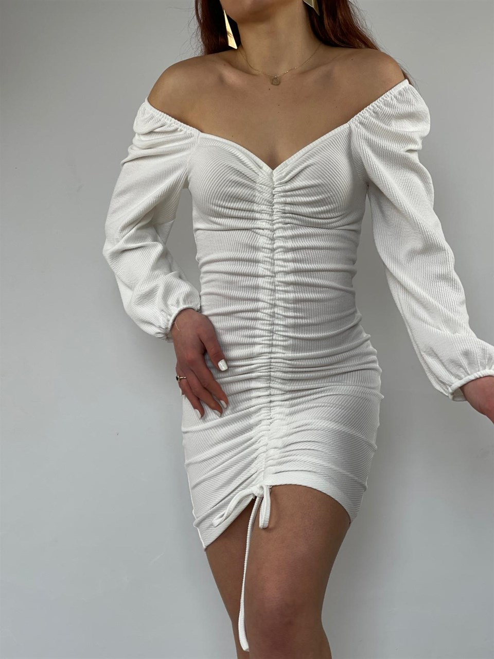 Jakarlı Kumaş Boy Ayarlanabilir Asansör Büzgülü Elbise