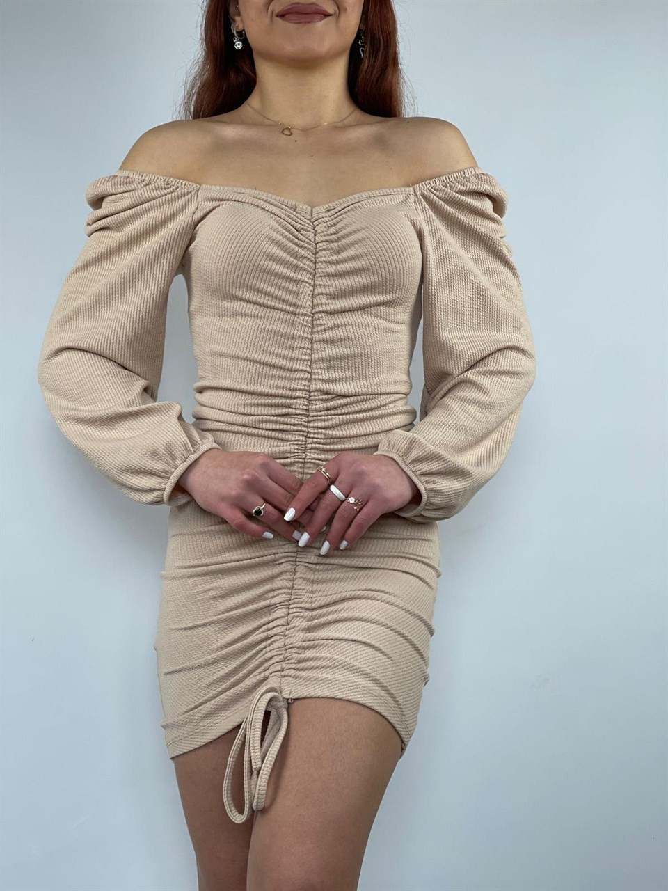 Jakarlı Kumaş Boy Ayarlanabilir Asansör Büzgülü Elbise