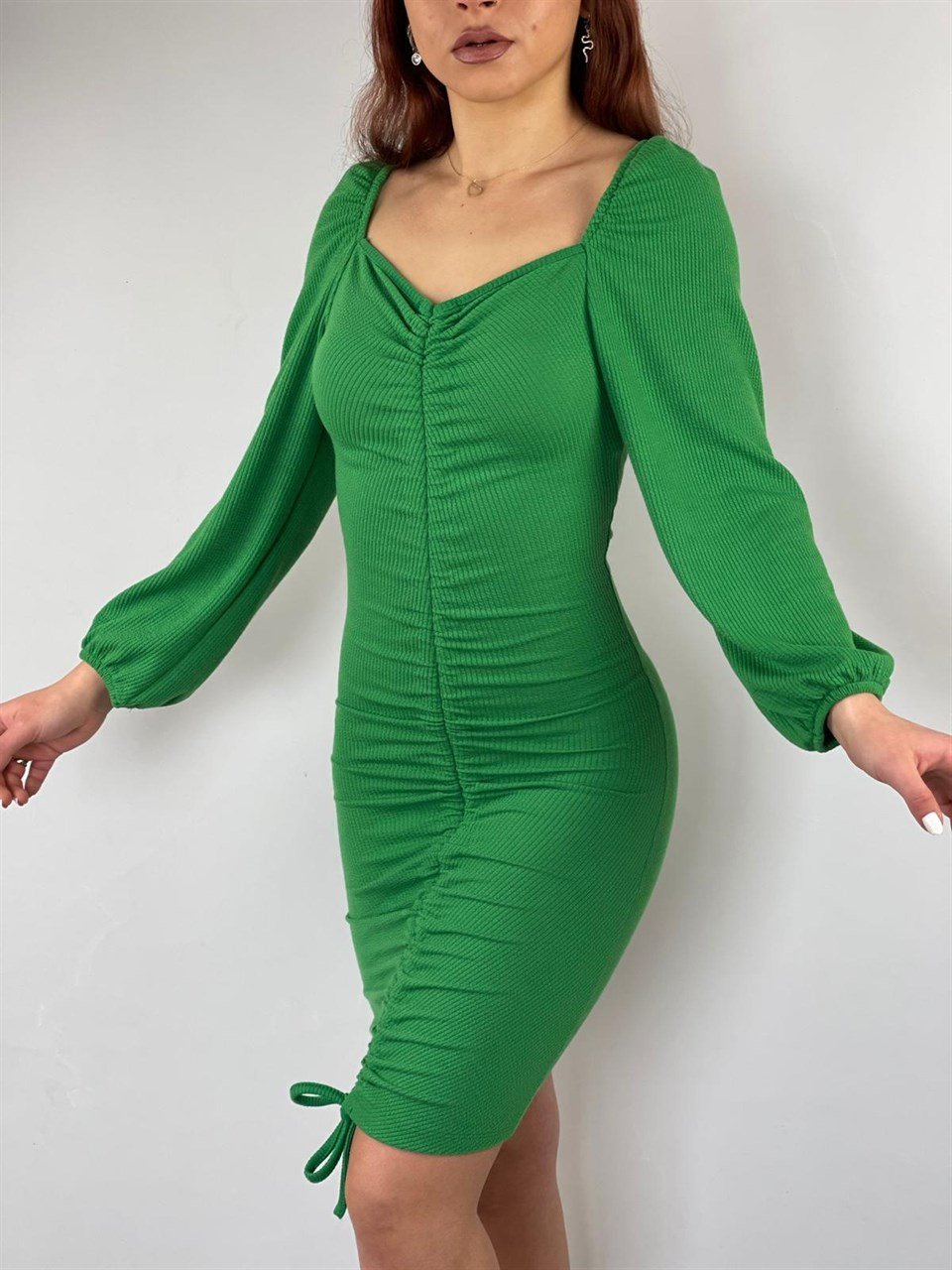 Jakarlı Kumaş Boy Ayarlanabilir Asansör Büzgülü Elbise