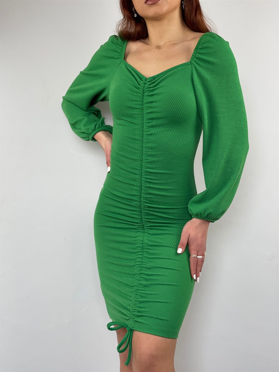 Jakarlı Kumaş Boy Ayarlanabilir Asansör Büzgülü Elbise