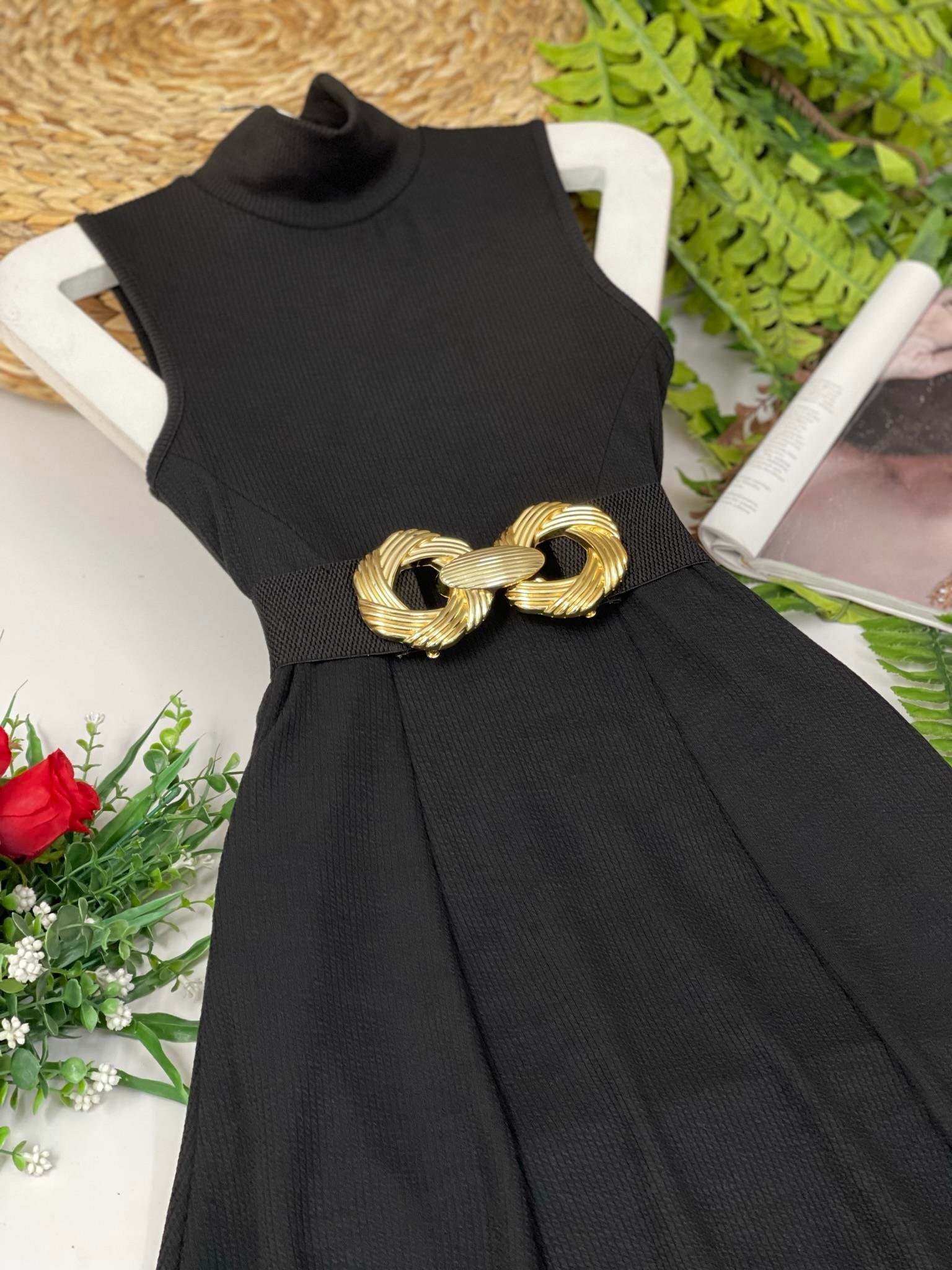 Jakarlı Kumaş Dik Yaka Kloş Elbise Kemer ve Aksesuarlar Hariçtir