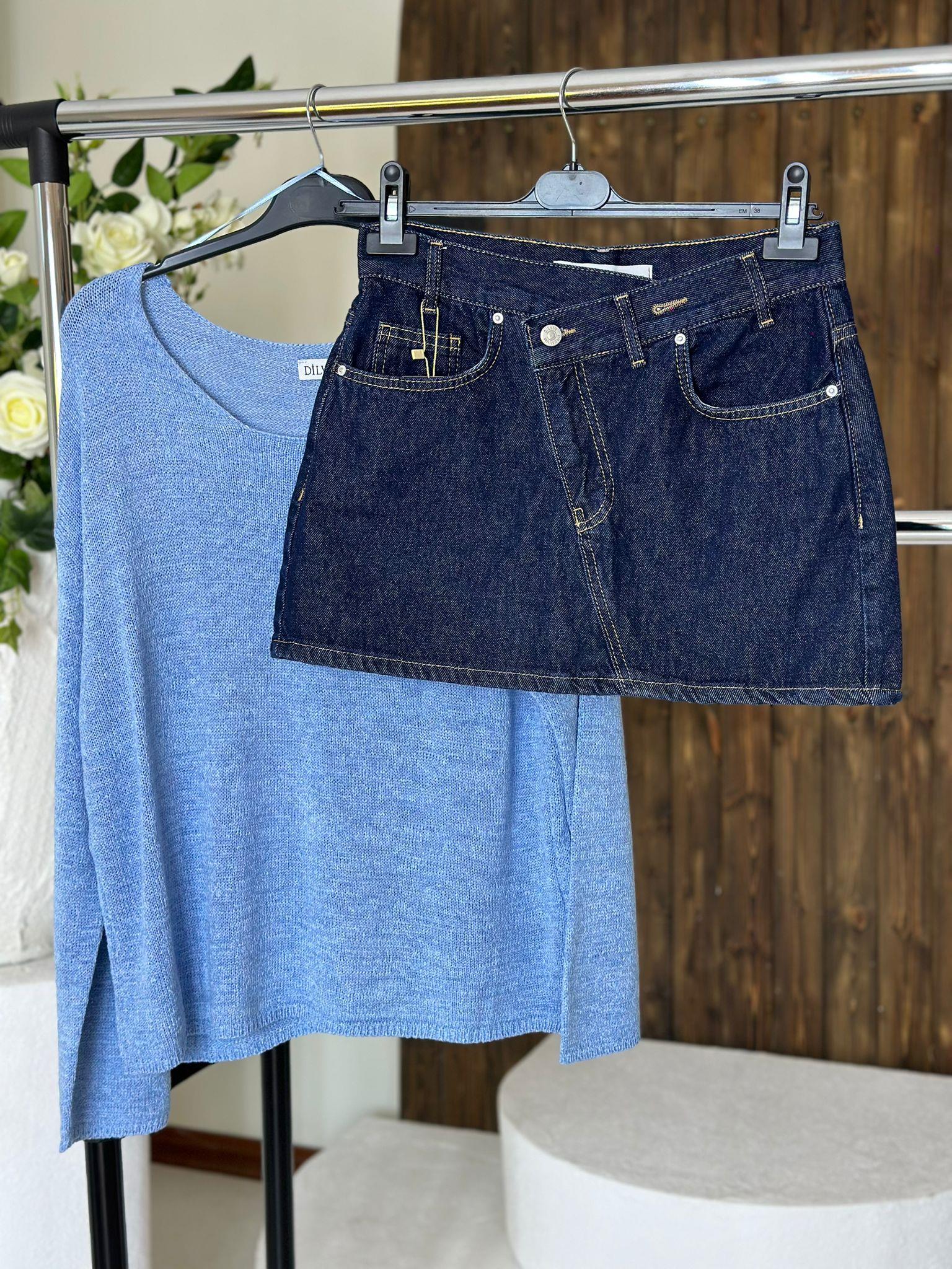 Jean Kumaş Asimetrik Detay Lacivert Mini Etek