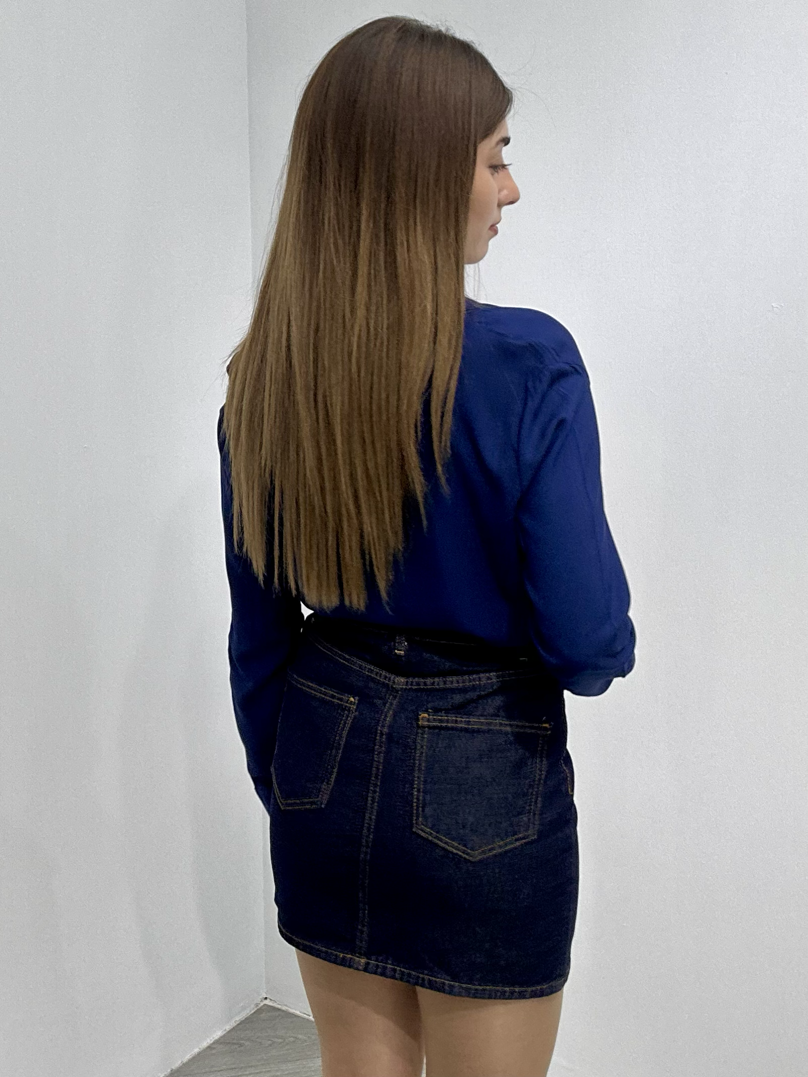 Jean Kumaş Bel Detaylı Etek Mavi