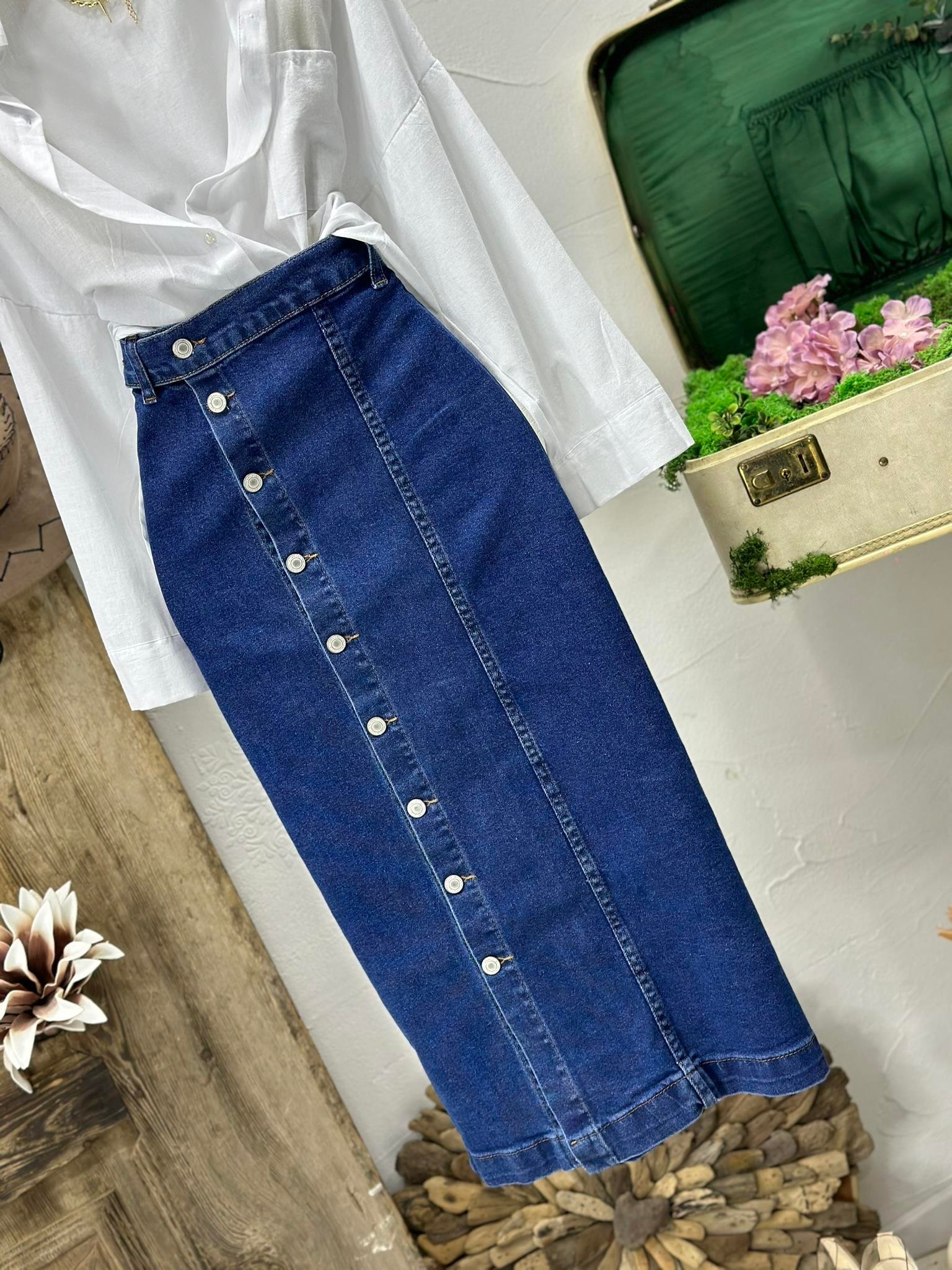 Jean Kumaş Düğme Detay Kalem Etek 