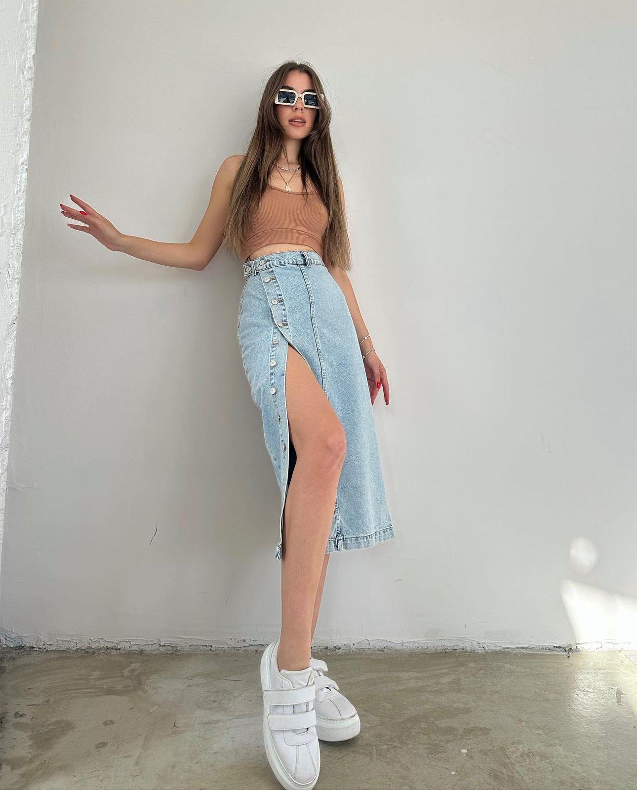 Jean Kumaş Düğme Detay Kalem Etek 