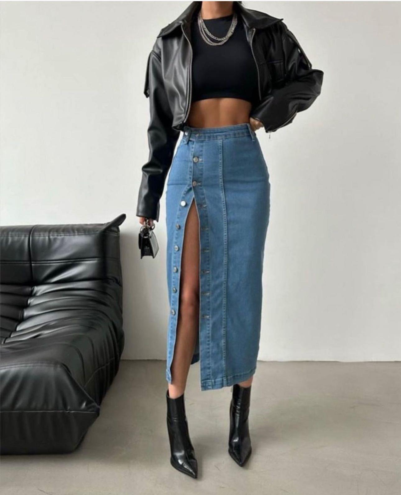 Jean Kumaş Düğme Detay Kalem Etek 