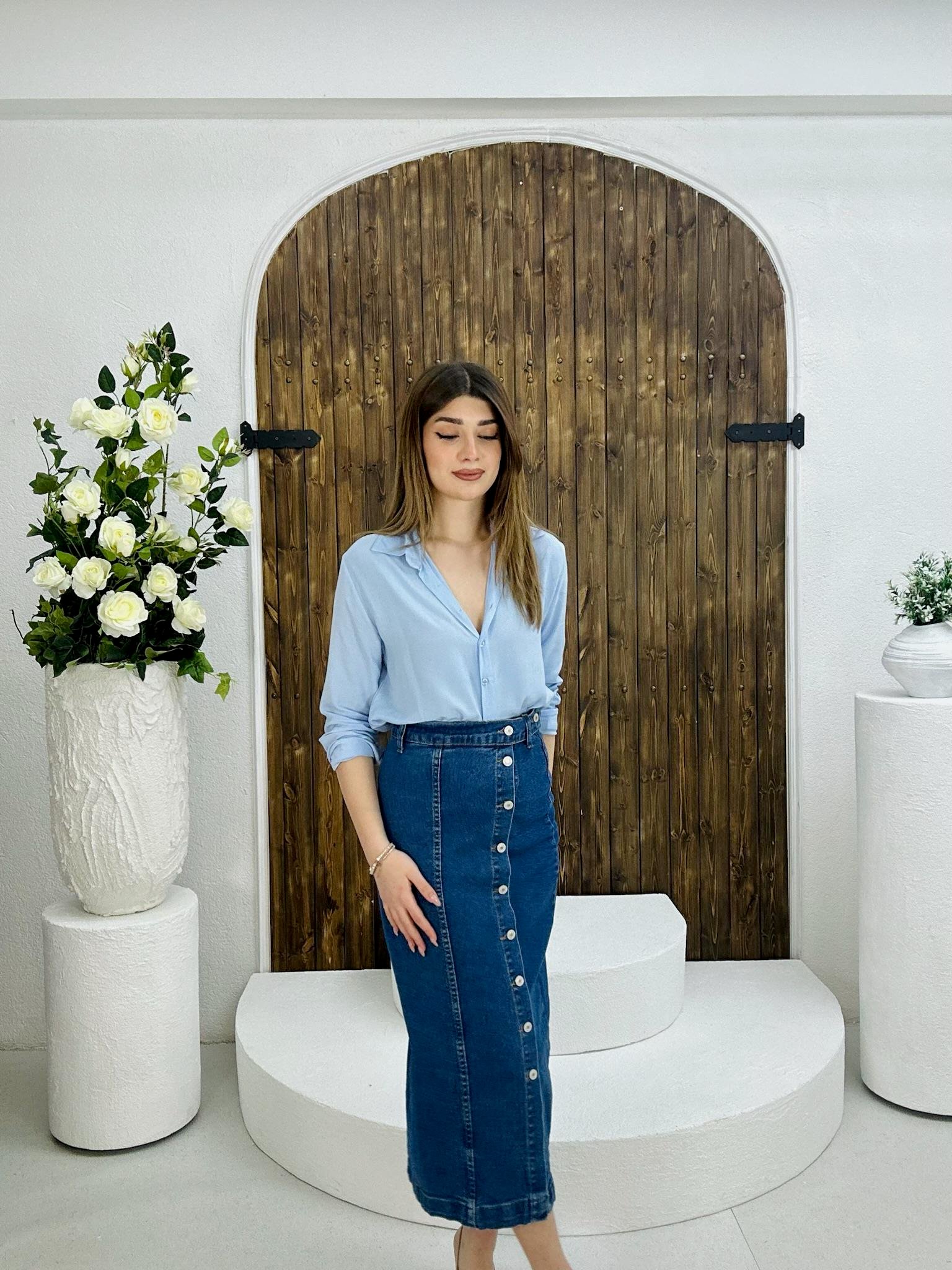 Jean Kumaş Düğme Detay Kalem Etek 