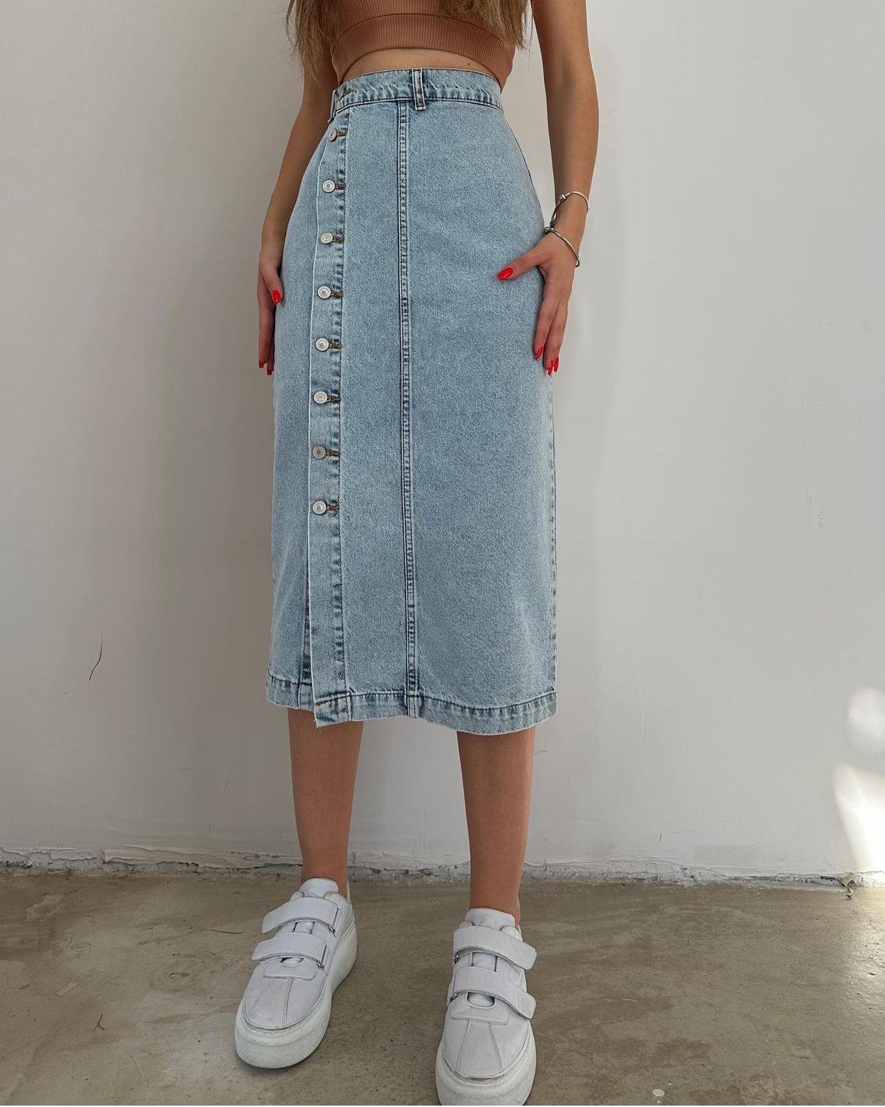 Jean Kumaş Düğme Detay Kalem Etek 