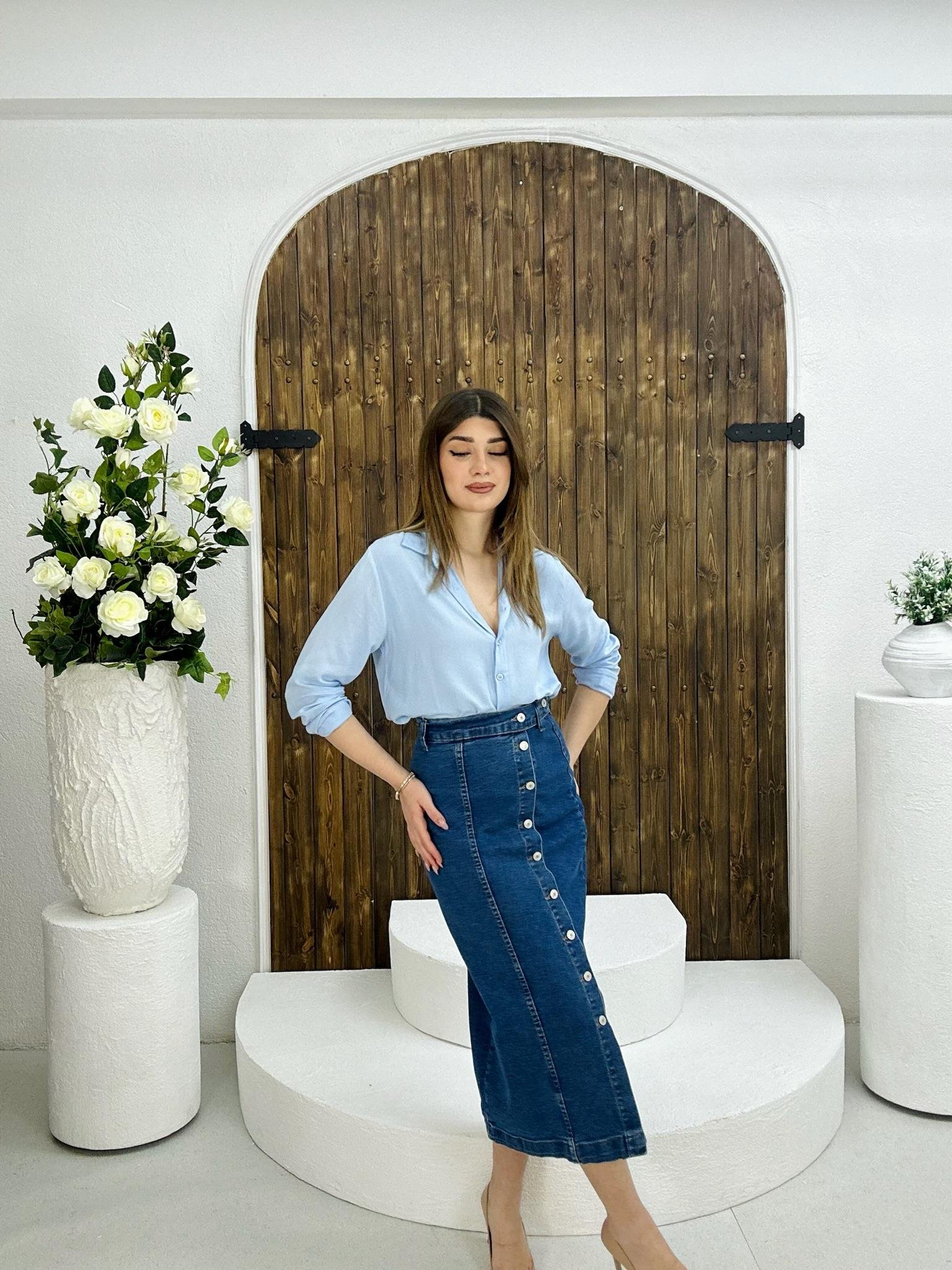 Jean Kumaş Düğme Detay Kalem Etek 