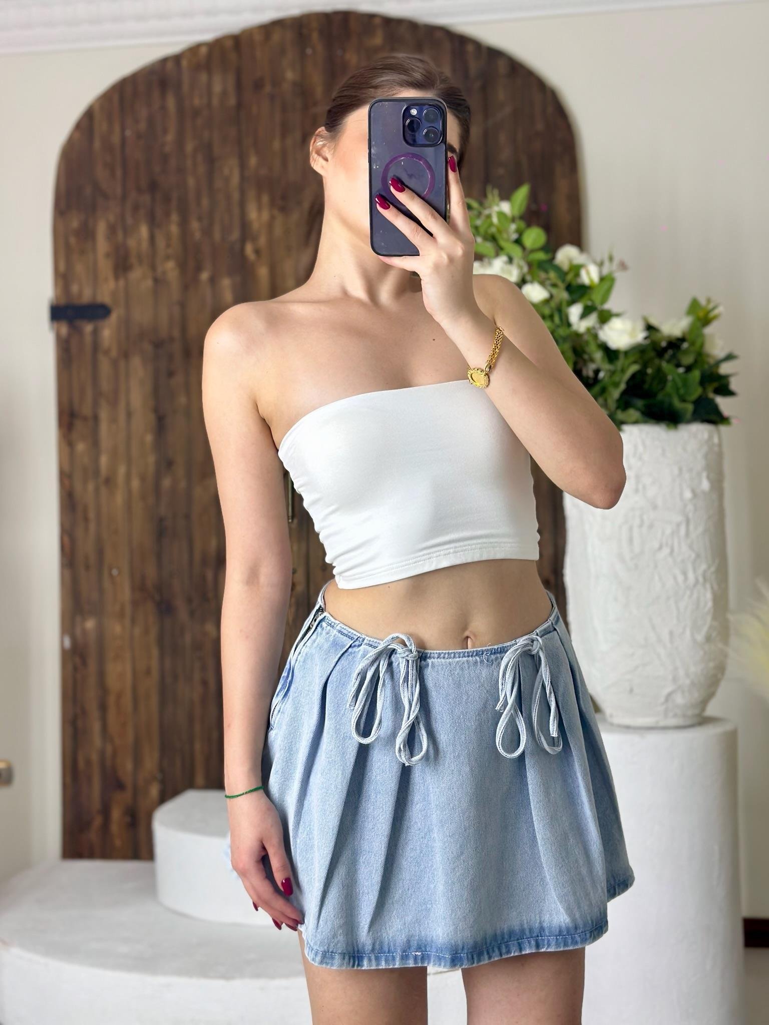 Jean Kumaş Fiyonk Detay Pileli Mini Etek