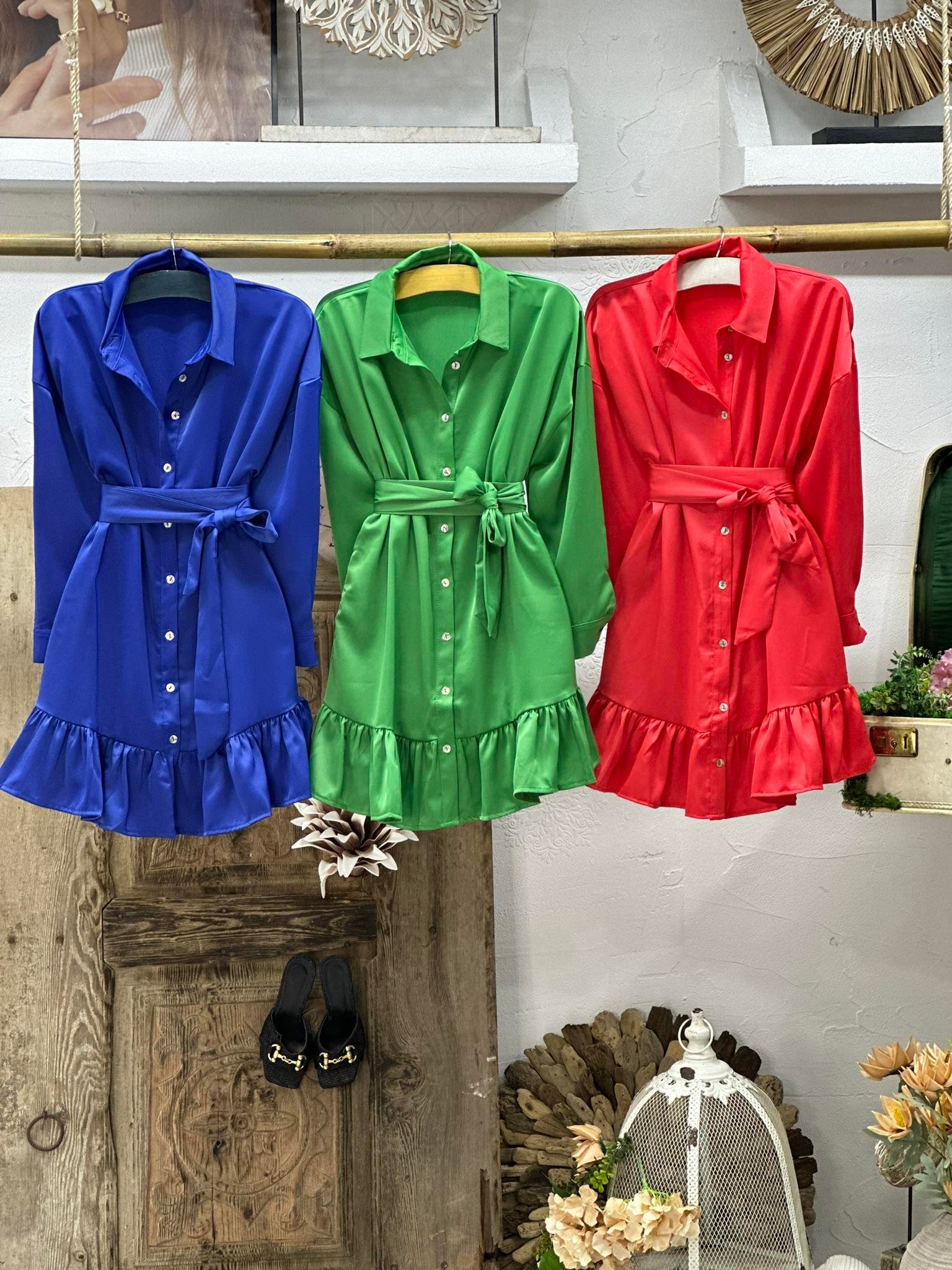 Jenifer Crep Kumaş Eteği Fırfırlı Kuşaklı Gömlek Elbise