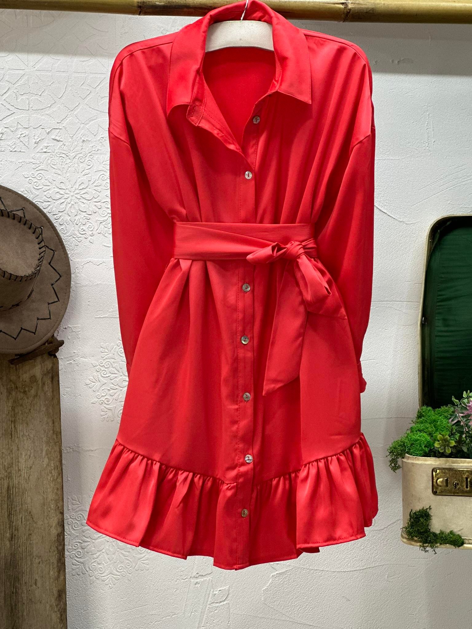 Jenifer Crep Kumaş Eteği Fırfırlı Kuşaklı Gömlek Elbise