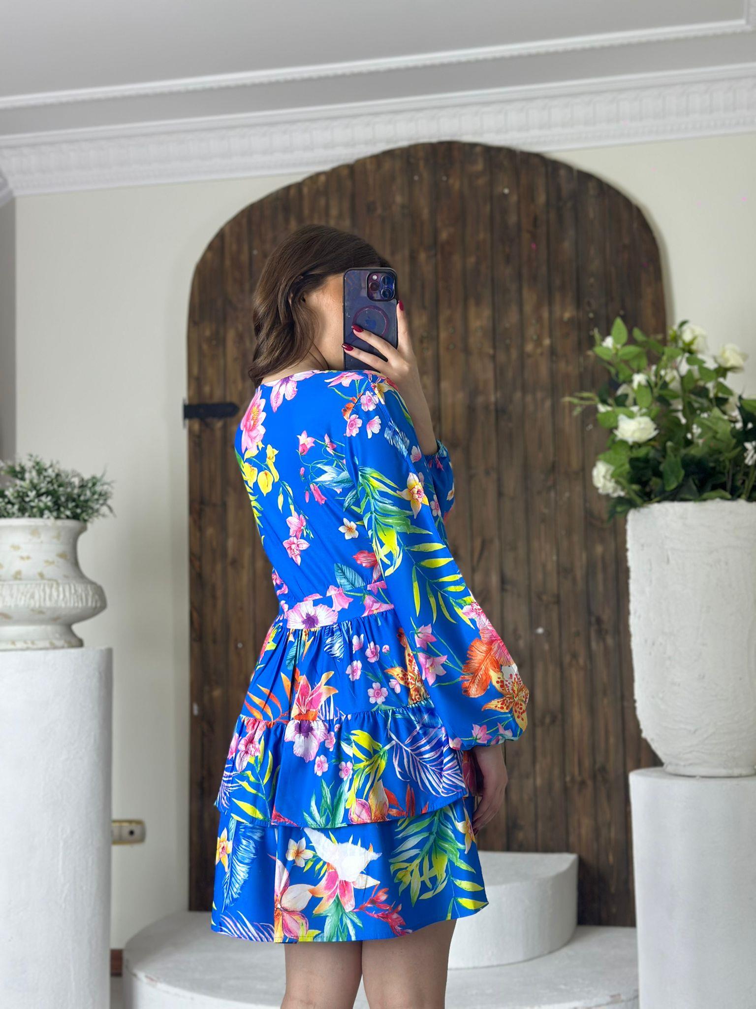 Jenifer Kumaş Çiçek Desen Kol Dekolteli Kloş Elbise