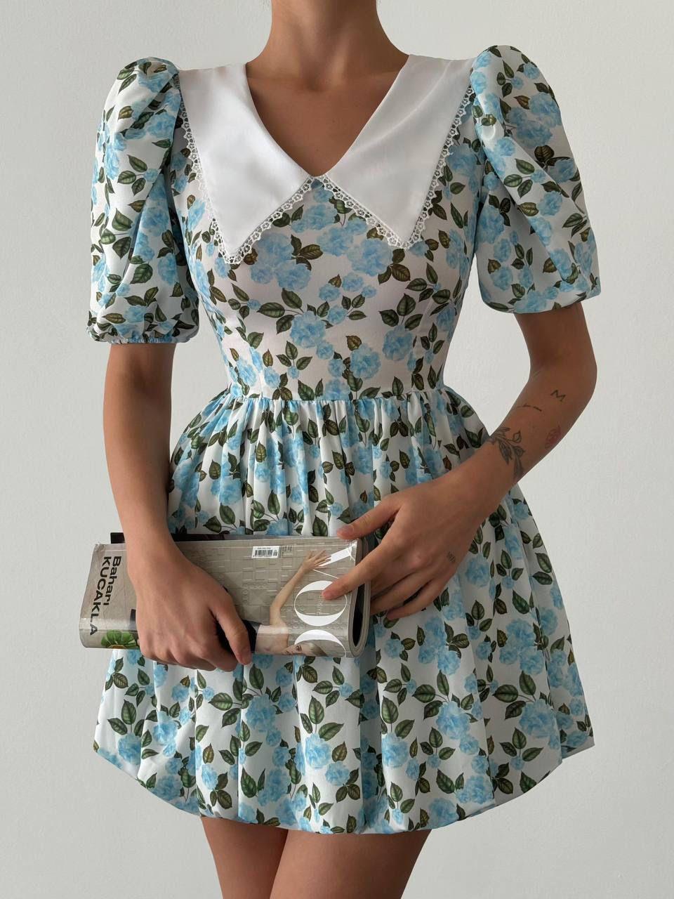 Jenifer Kumaş Çiçek Desen Yaka Güpür Detaylı Tasarım Elbise