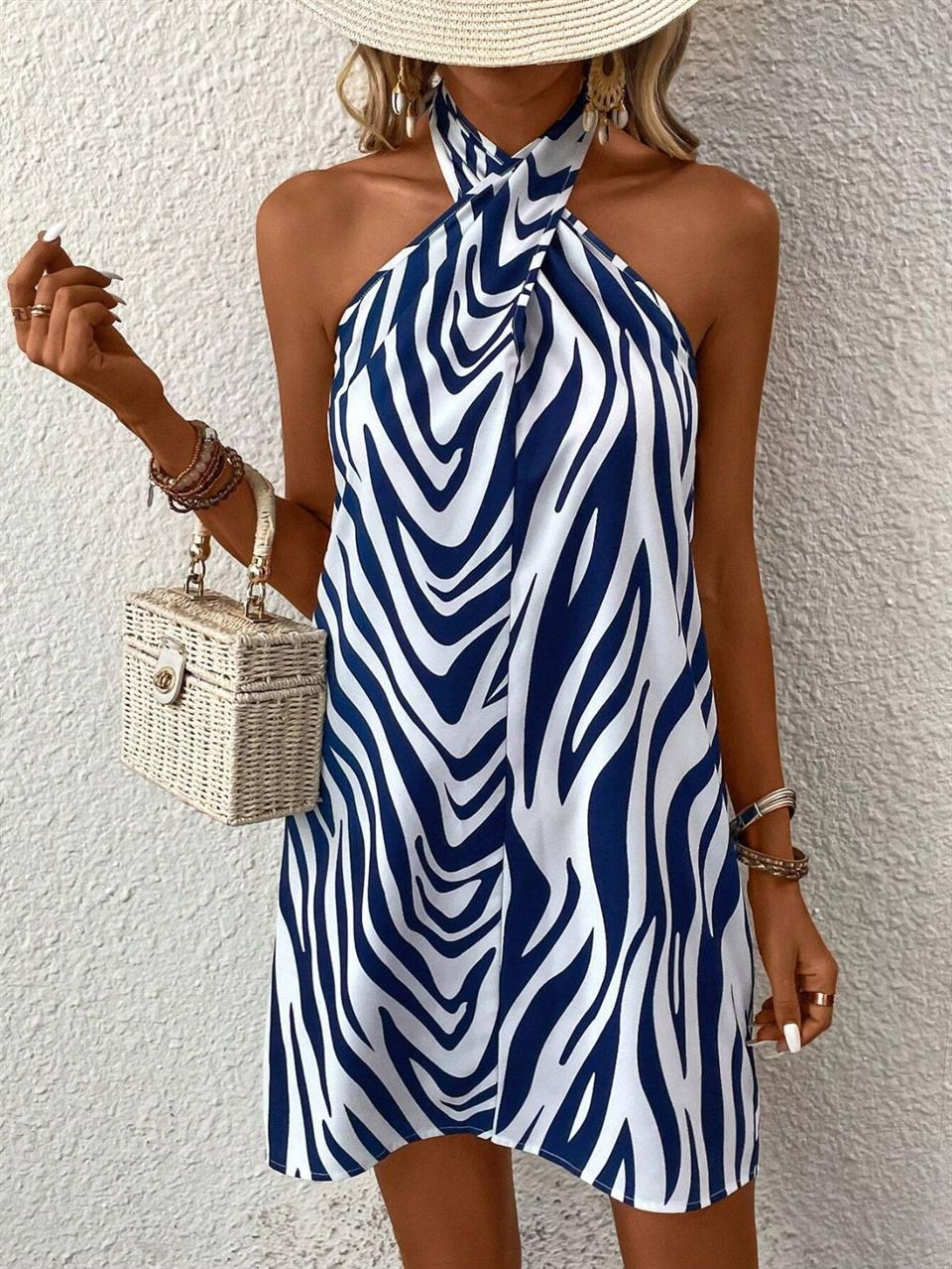 Jenifer Kumaş Dalga Desenli Lacivert Beyaz Elbise