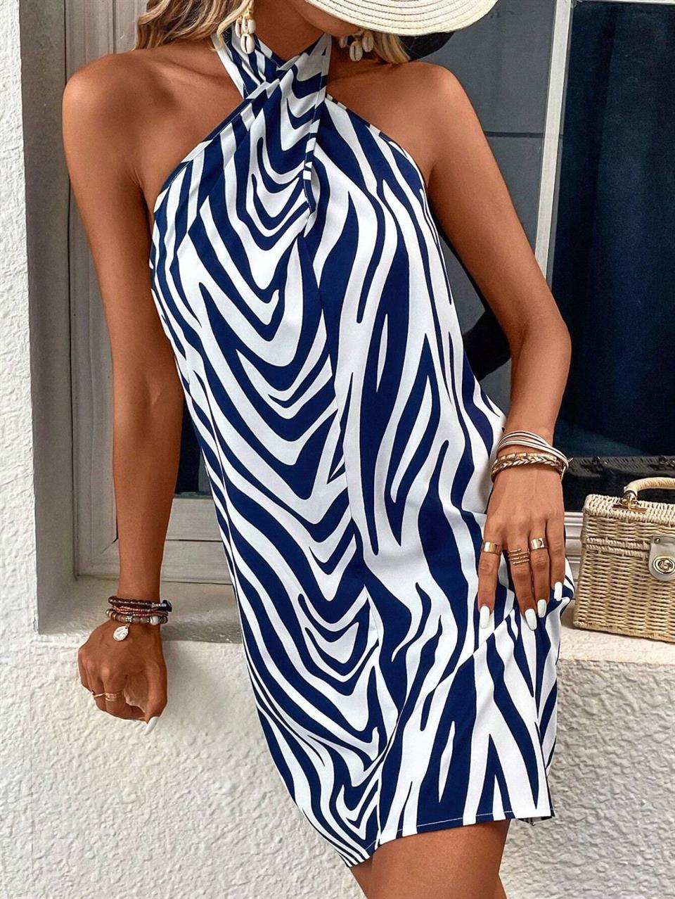 Jenifer Kumaş Dalga Desenli Lacivert Beyaz Elbise