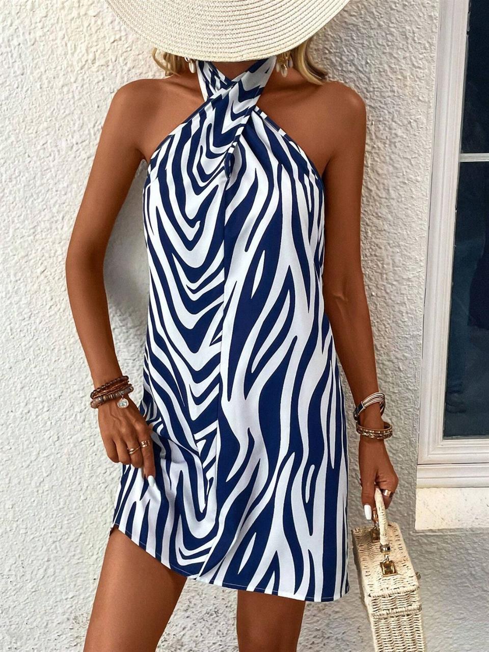 Jenifer Kumaş Dalga Desenli Lacivert Beyaz Elbise