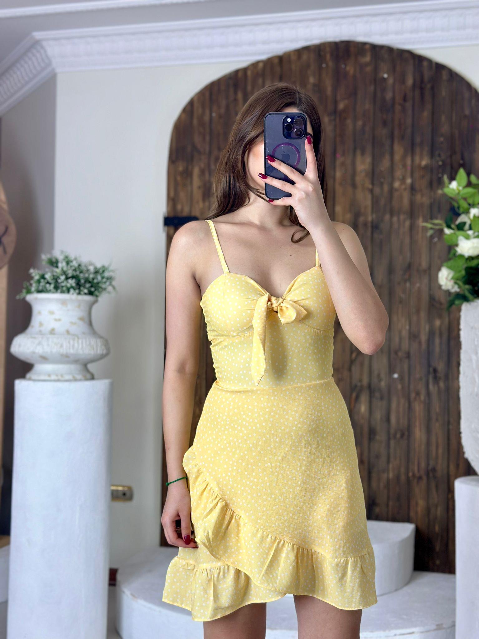 Jenifer Kumaş Sarı Puantiye Desen Elbise